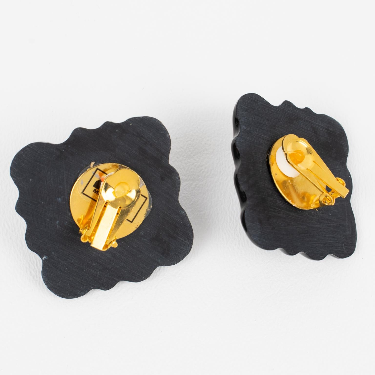 Marc Labat Paris Geometric Black and Blue Resin Clip Earrings In Good Condition For Sale In Atlanta, GA