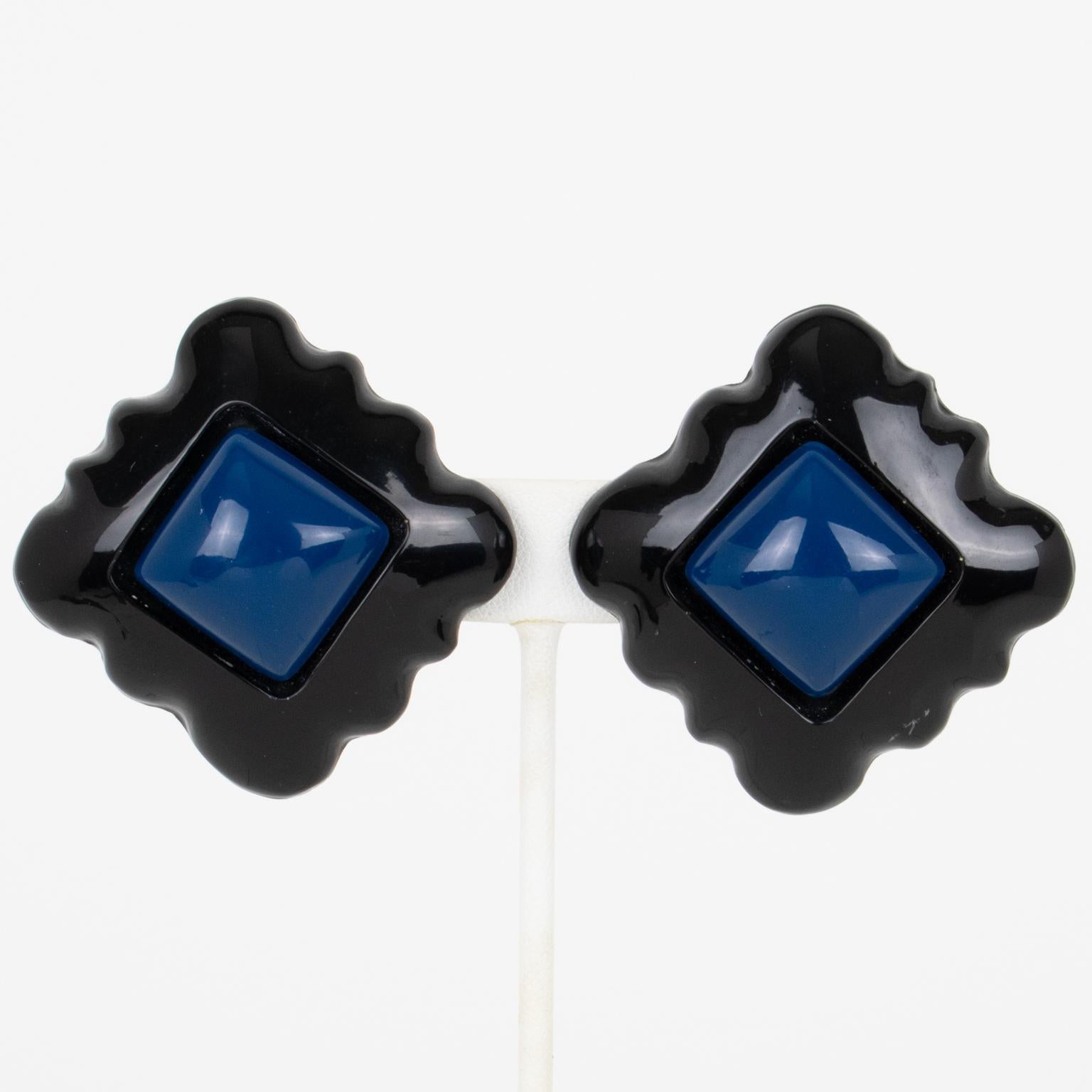 Marc Labat Paris Geometric Black and Blue Resin Clip Earrings For Sale 2