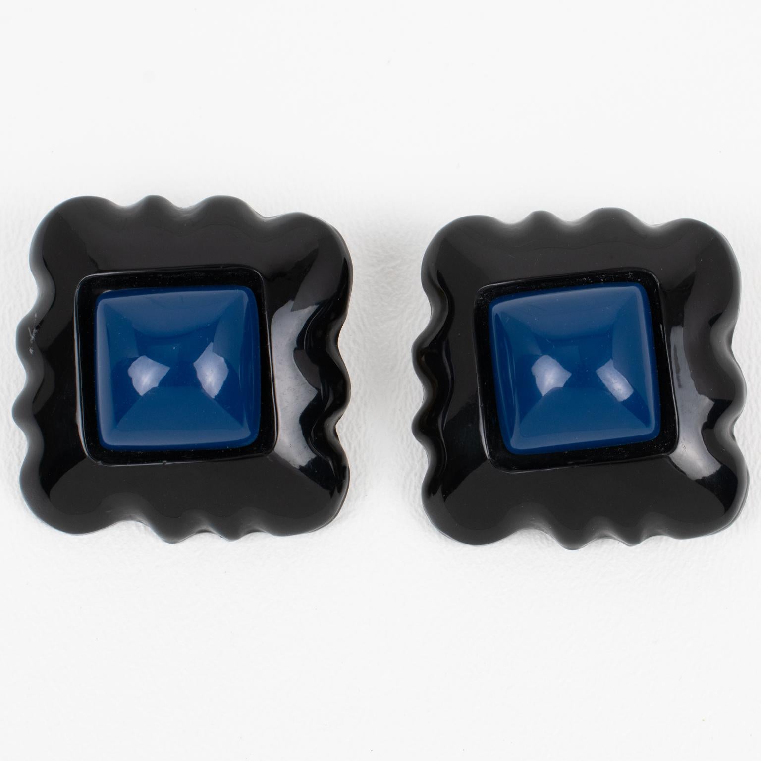 Marc Labat Paris Geometric Black and Blue Resin Clip Earrings For Sale 3