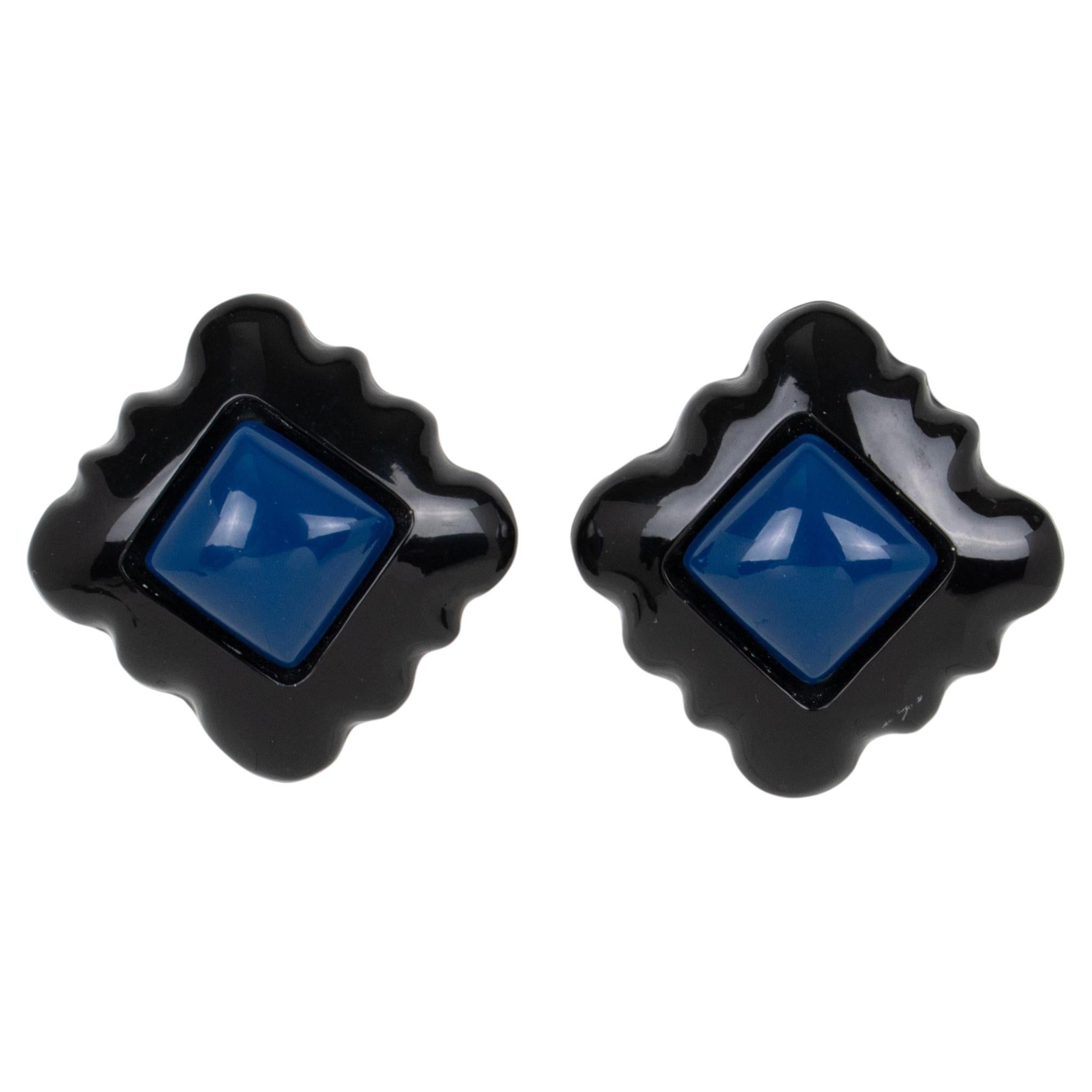 Marc Labat Paris Geometric Black and Blue Resin Clip Earrings