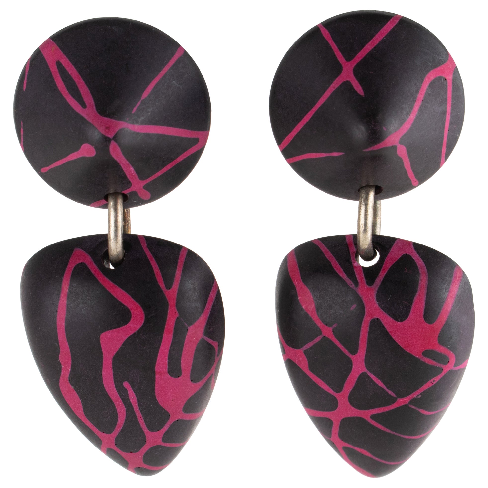 Marc Labat Paris Geometric Pink and Black Resin Clip Earrings