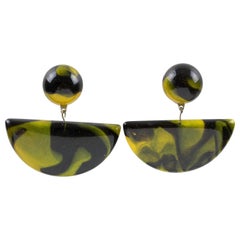 Marc Labat Paris Geometric Resin Clip Earrings Pearlized Black and Green
