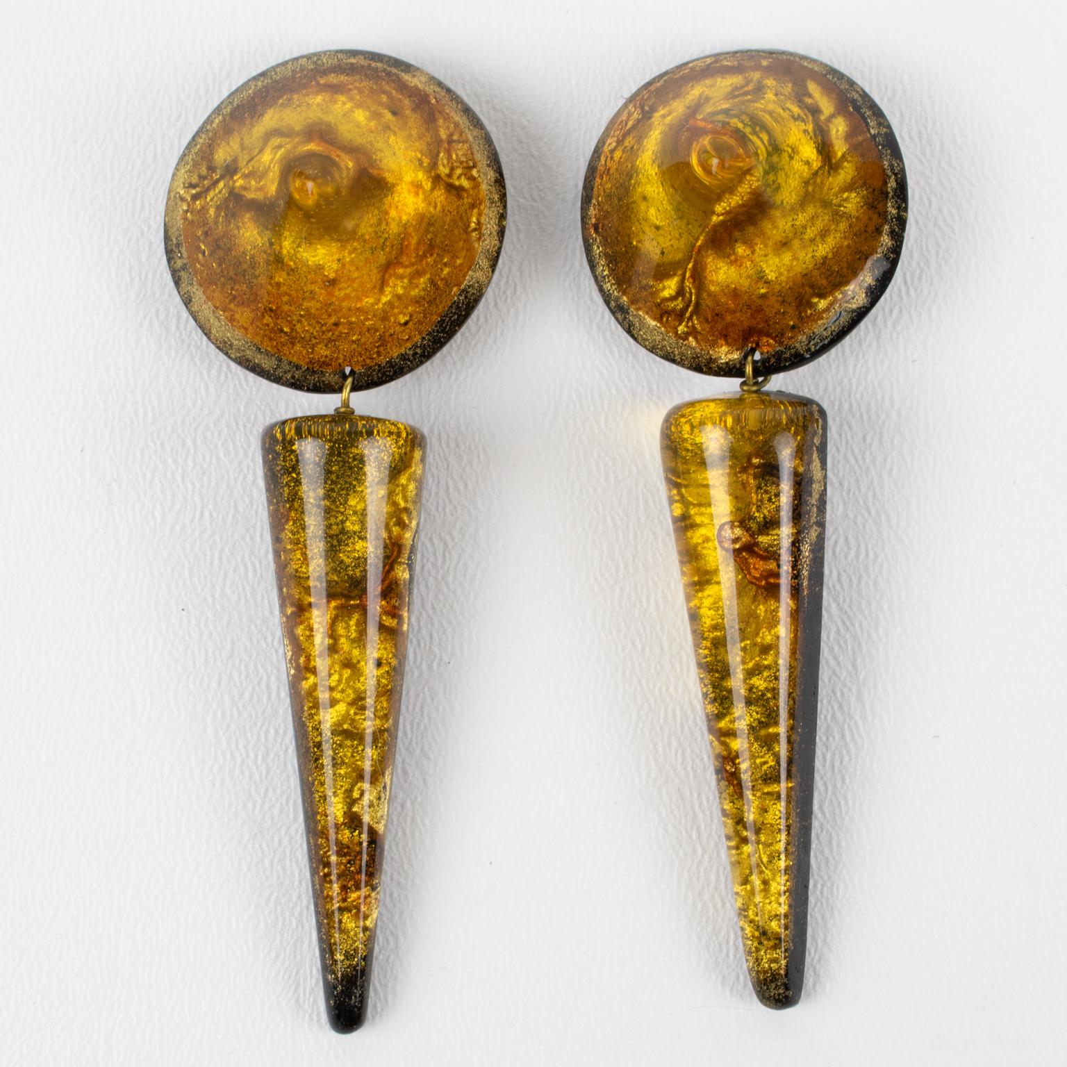Modernist Marc Labat Paris Resin and Gold Flakes Dangle Clip-on Earrings For Sale