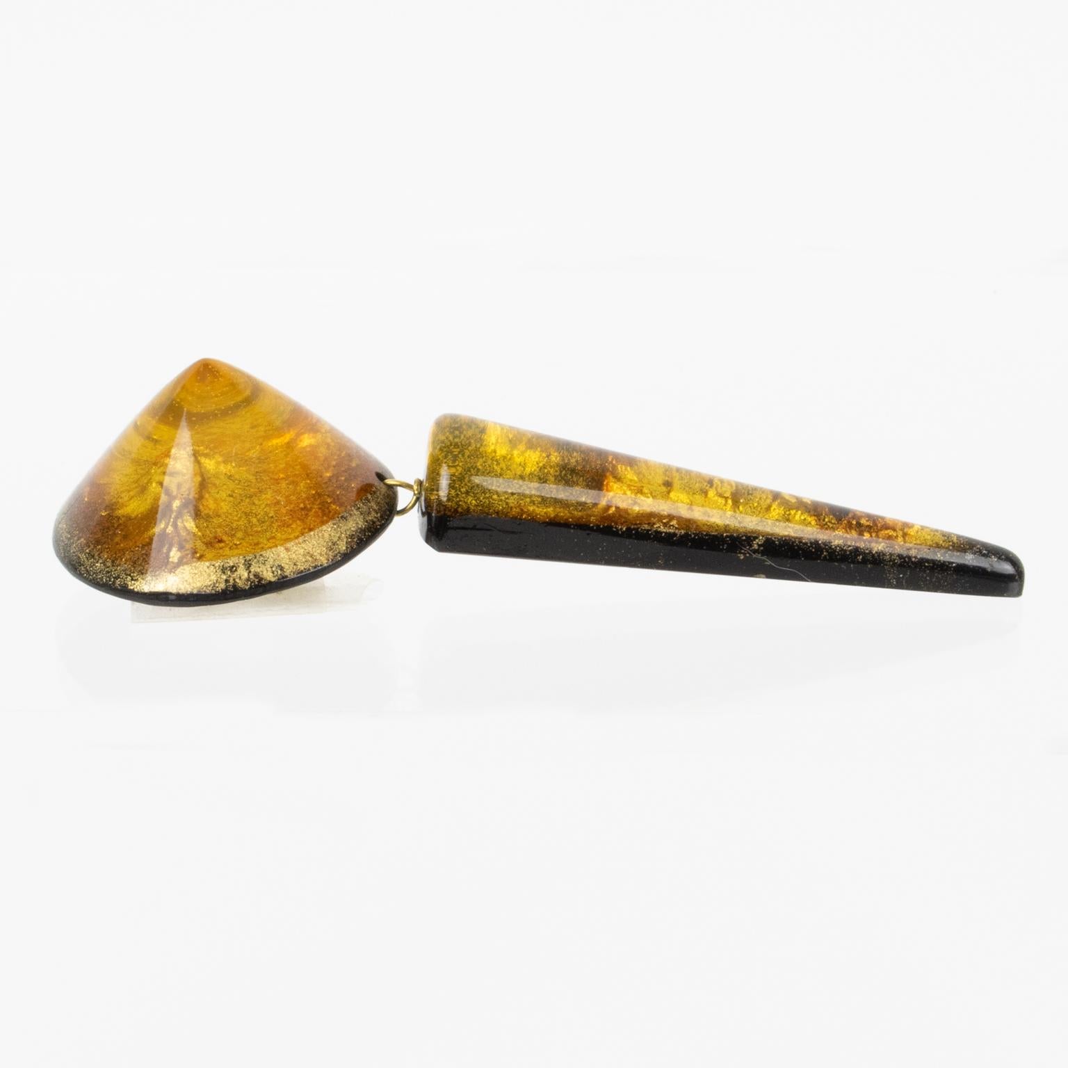 Women's or Men's Marc Labat Paris Resin and Gold Flakes Dangle Clip-on Earrings For Sale