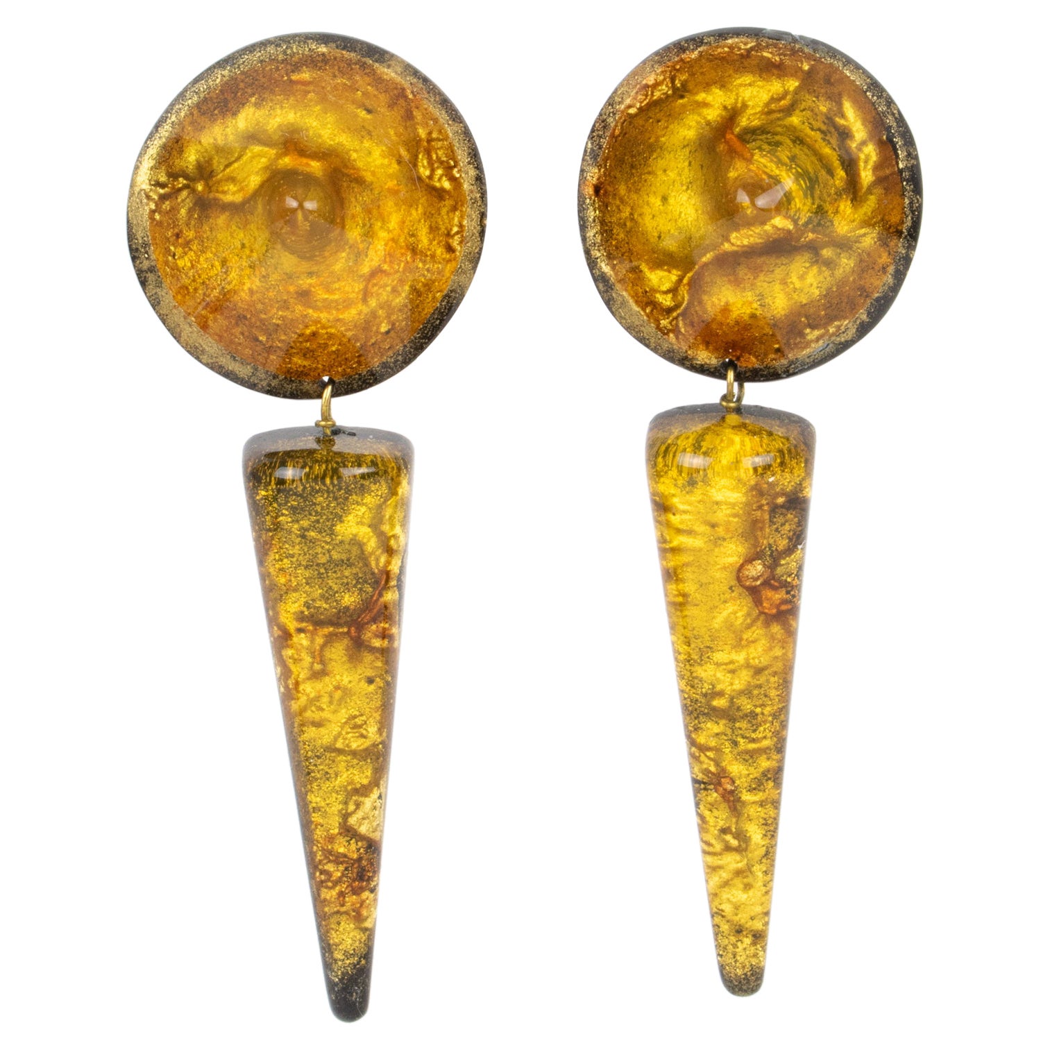 Marc Labat Paris Resin and Gold Flakes Dangle Clip-on Earrings For Sale