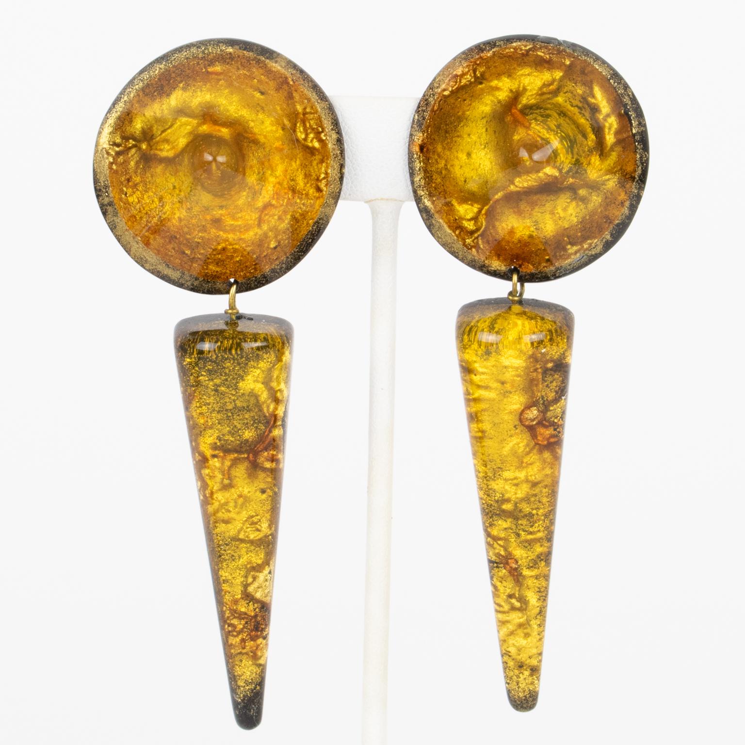 Marc Labat Paris Resin and Gold Flakes Dangle Clip-on Earrings For Sale 1