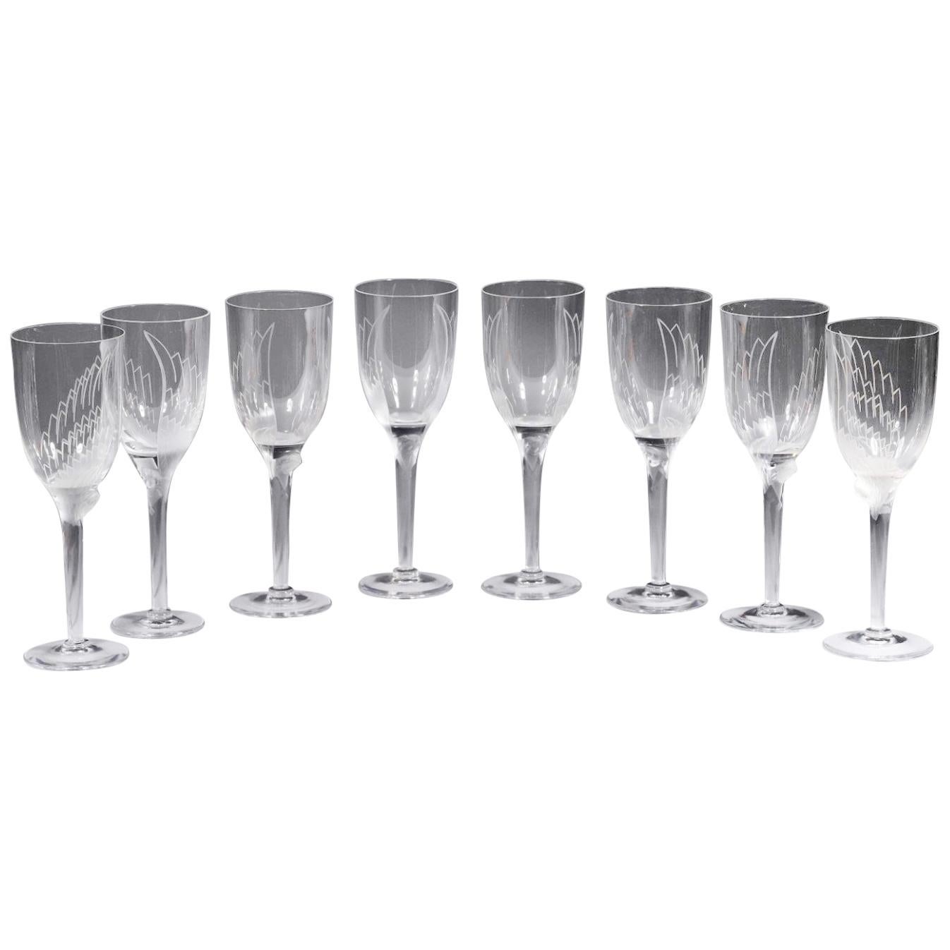 Marc Lalique:: 8 flûtes à Champagne "Sourire de l'Ange":: 1948