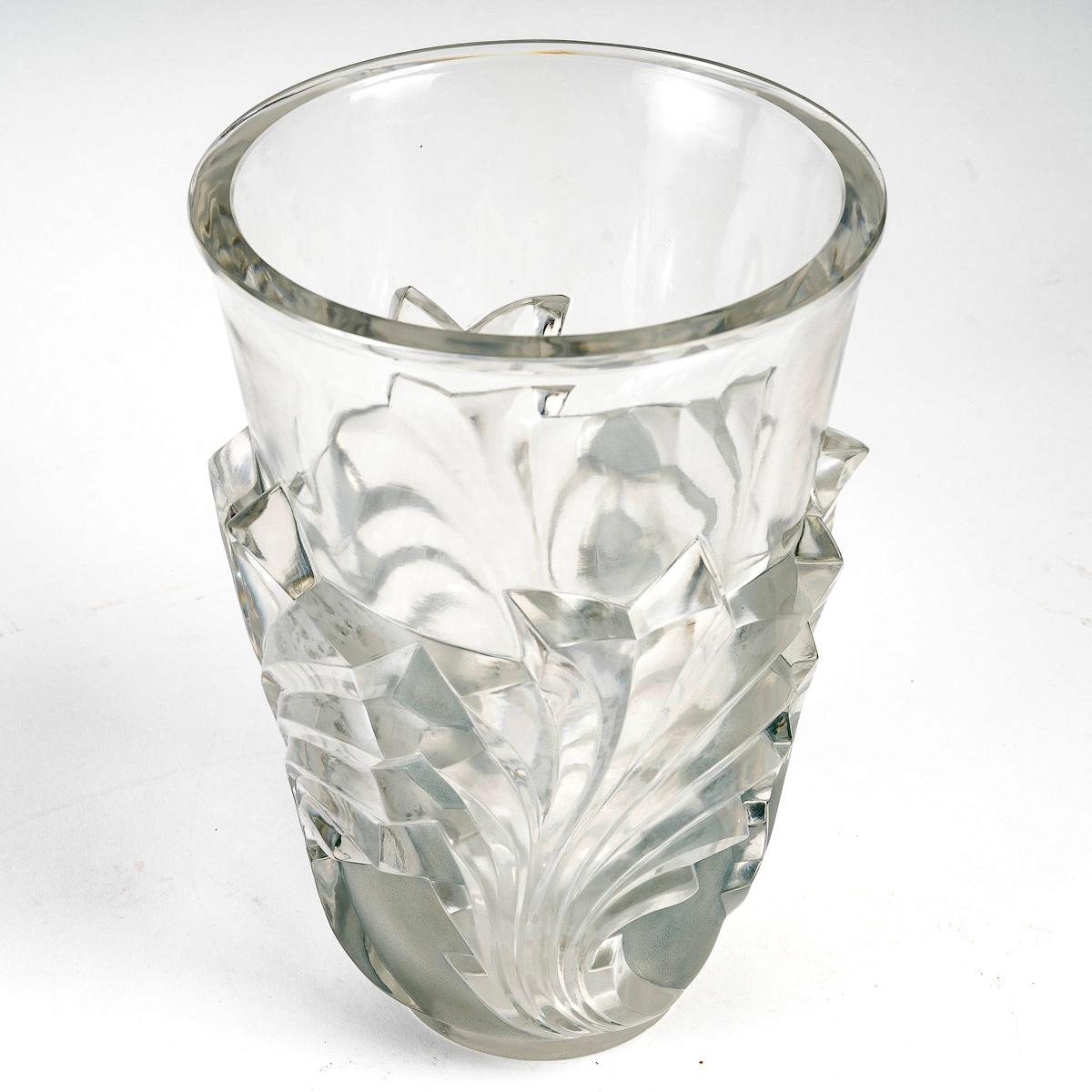 Art Deco Marc Lalique Vase Surcouf Leaves Clear & Frosted Crystal with Blue Grey Patina