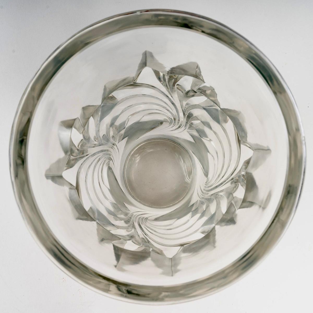French Marc Lalique Vase Surcouf Leaves Clear & Frosted Crystal with Blue Grey Patina