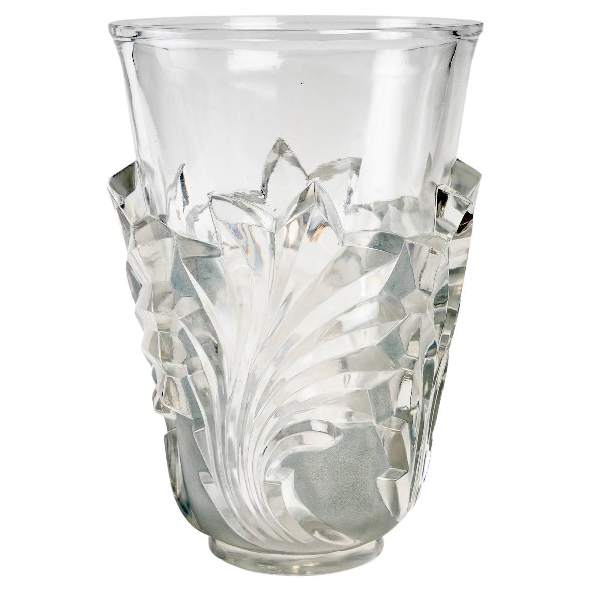 Marc Lalique Vase Surcouf Leaves Clear & Frosted Crystal with Blue Grey Patina