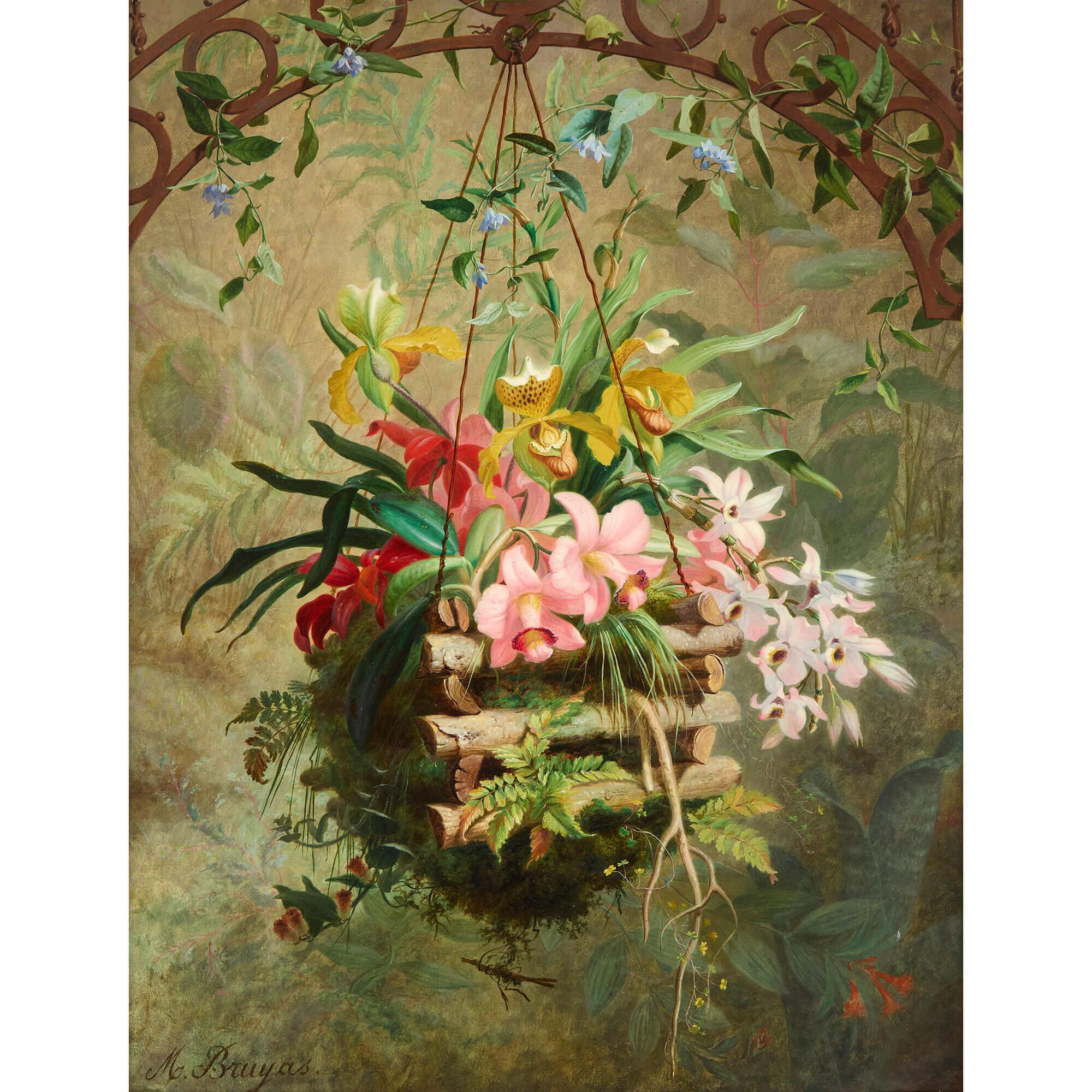 Large Antique French Floral Still Life Hanging Orchid Basket Marc-Laurent Bruyas For Sale 1