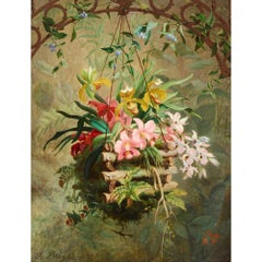 Large Antique French Floral Still Life Hanging Orchid Basket Marc-Laurent Bruyas