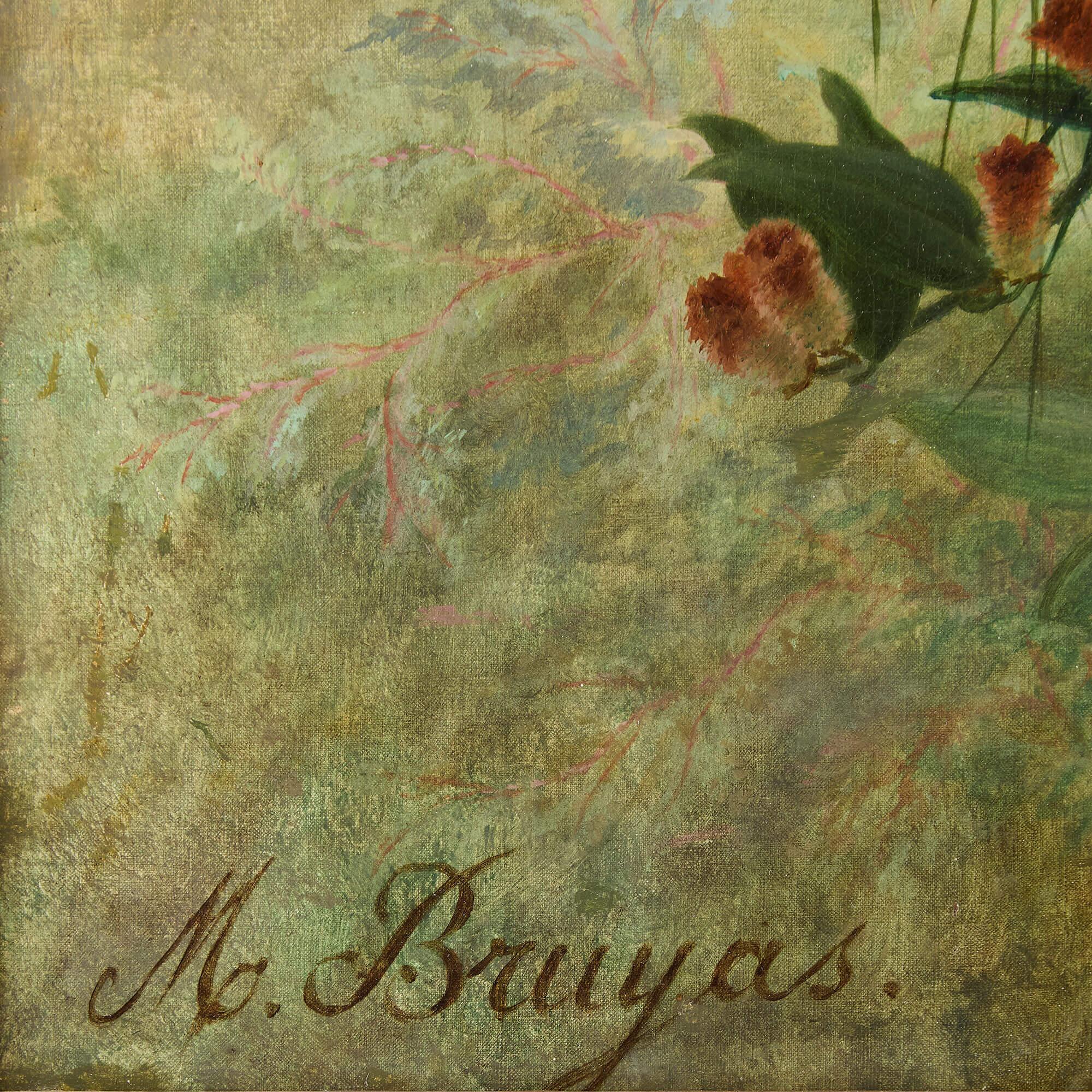 Large Antique French Floral Still Life Hanging Orchid Basket Marc-Laurent Bruyas For Sale 3