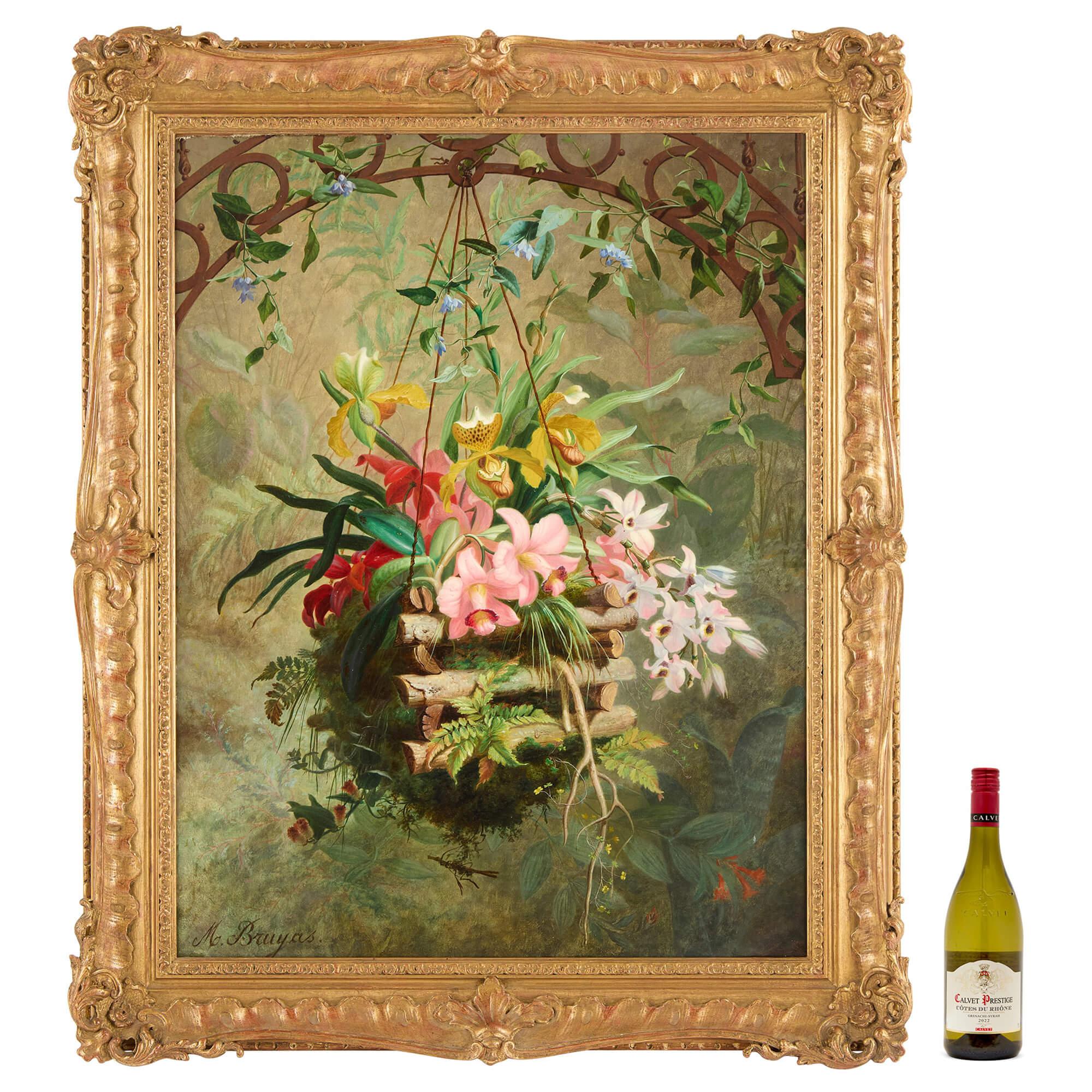 Large Antique French Floral Still Life Hanging Orchid Basket Marc-Laurent Bruyas For Sale 5