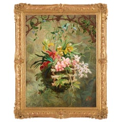 Large Antique French Floral Still Life Hanging Orchid Basket Marc-Laurent Bruyas