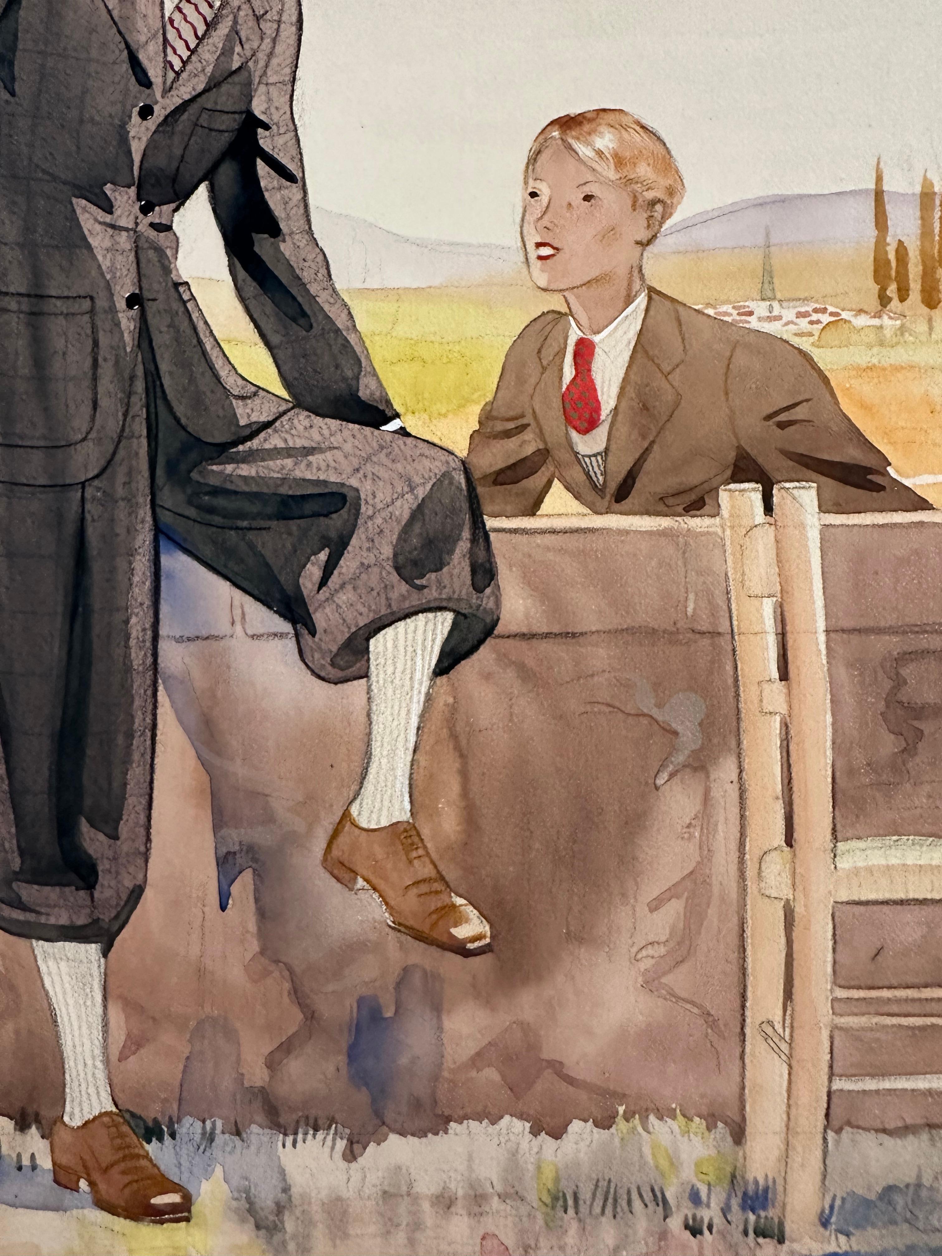 Two Boys (Art Deco Knickers Suit Bicycle riding Attire Fashion Illustration).  (Art déco), Painting, von Marc-Luc