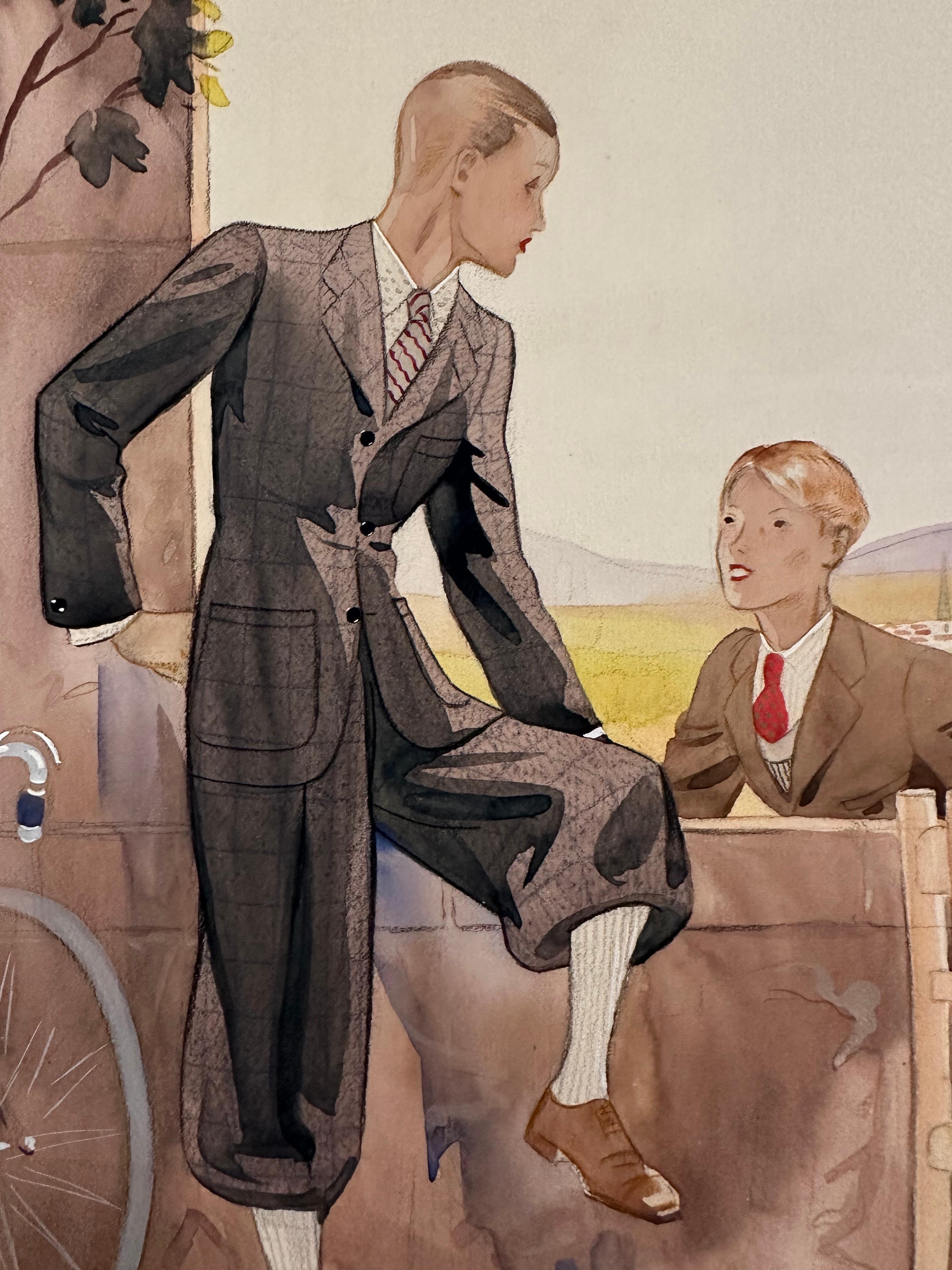 Two Boys (Art Deco Knickers Suit Bicycle riding Attire Fashion Illustration).  For Sale 1