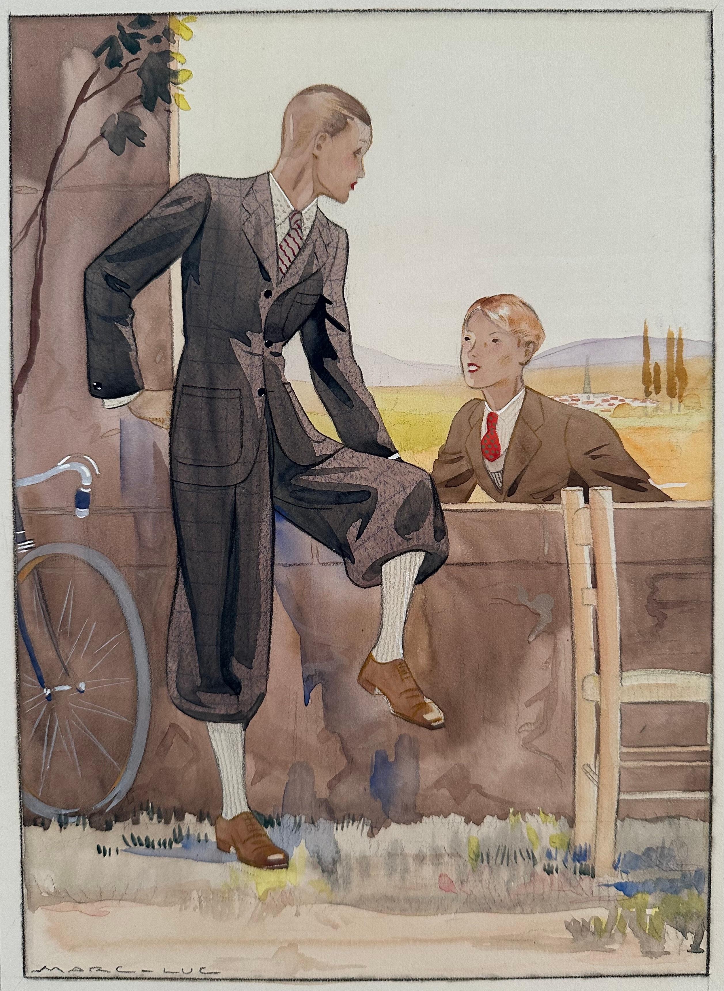 Marc-Luc Figurative Painting – Two Boys (Art Deco Knickers Suit Bicycle riding Attire Fashion Illustration). 