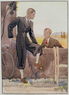 Retro Two Boys (Art Deco Knickers Suit Bicycle riding Attire Fashion Illustration). 