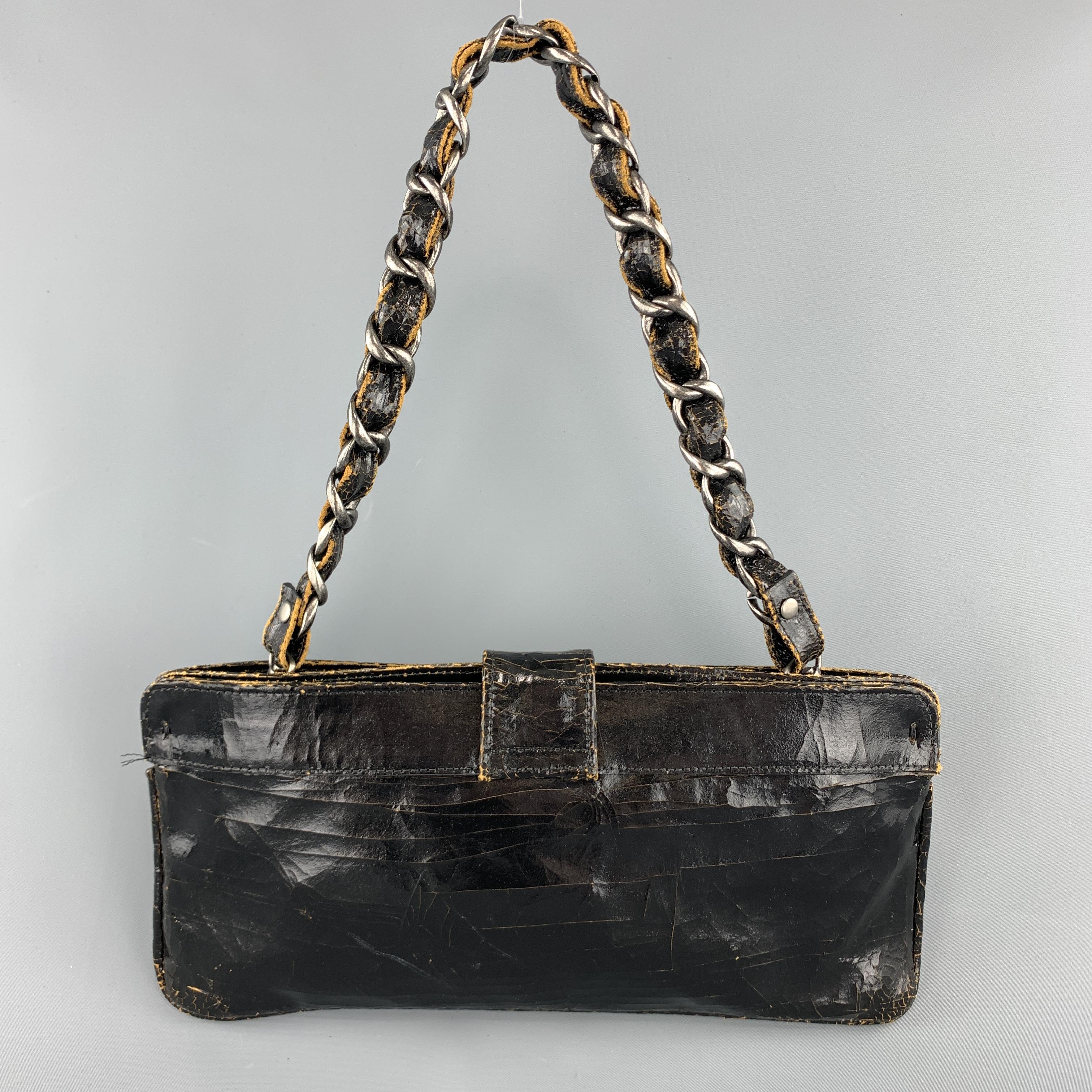 MARC MARMEL Distressed Black Coated Leather Shain Strap Handbag In Excellent Condition In San Francisco, CA