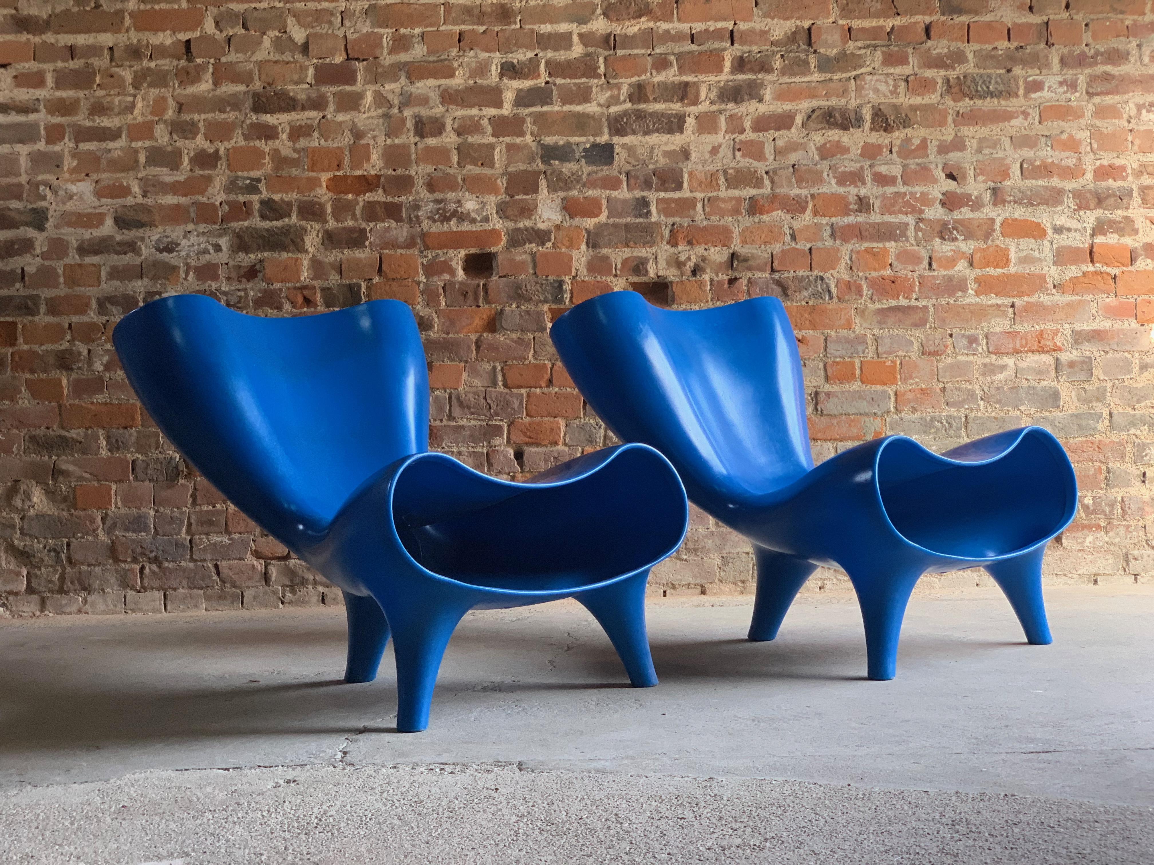 Marc Newson electric blue orgone chairs pair circa 1993

Rare Orgone chairs by Marc Newson circa 1993 finished in electric blue, the Orgone chair was designed in 1993 by Marc Newson. The original design comes from a series of limited edition