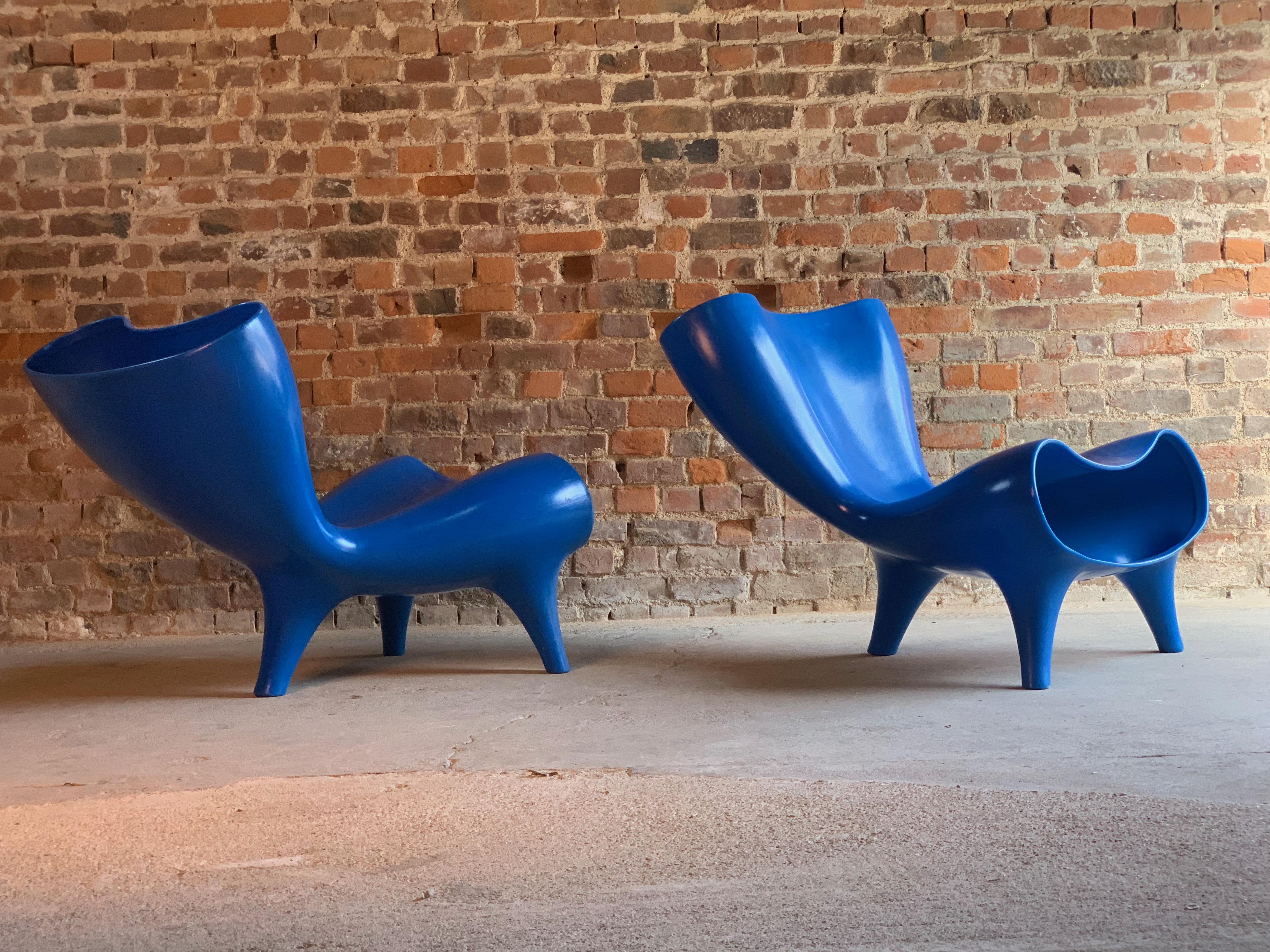 Marc Newson electric blue Orgone chairs pair, circa 1993

Rare Orgone chairs by Marc Newson circa 1993 finished in electric blue, the Orgone chair was designed in 1993 by Marc Newson. The original design comes from a series of limited edition