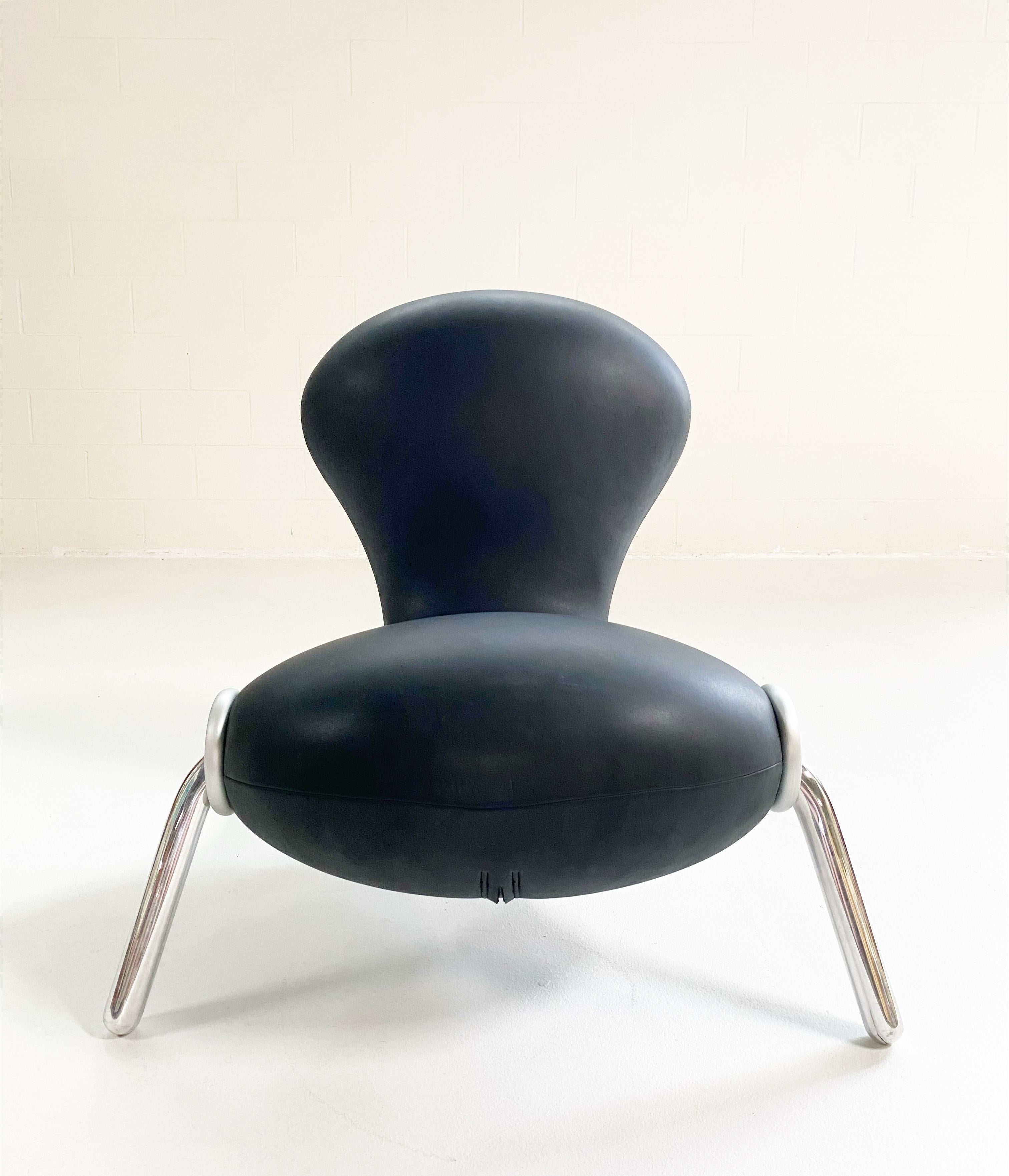 From the Marc Newson website: Stylistically, the Embryo was an important breakthrough, defining for the first time a very identifiable Marc Newson signature style. “So many qualities of that chair laid down the DNA for much of what I was to do after