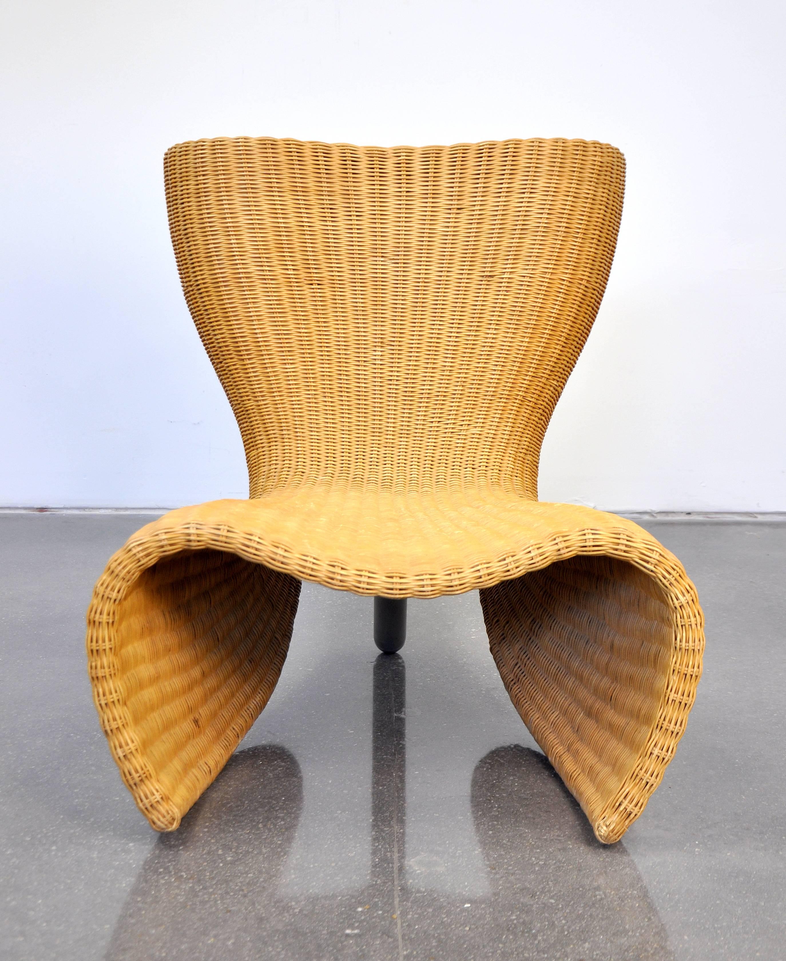 A rare one owner example of the tubular steel, cane, woven rattan and aluminum lounge chair designed by Marc Newson for Idee in 1990. Biomorphic curves and organic, sculptural design meet to create something truly unique.
As stated on the
