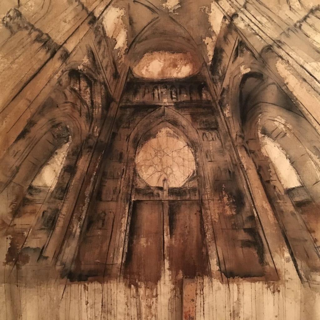 Painting from Marc Prat. The series "Absis" started in 2013 and shows the interior of an often Imaginary church. Works are large formats in the absis series, except for a smaller absis of 50 x 50 cm and the etching made in 2015. The canvas used is a