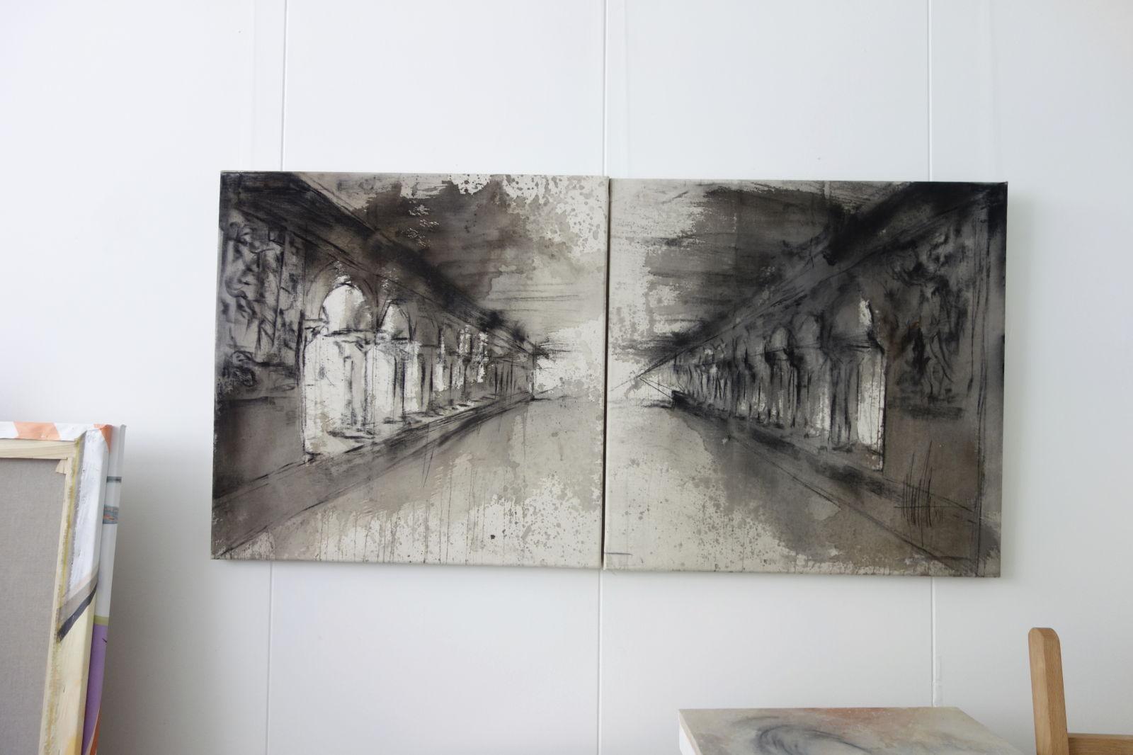 Marc Prat Painting: Agora - dyptic, mixed technique on canvas 70 x 140 cm 1
