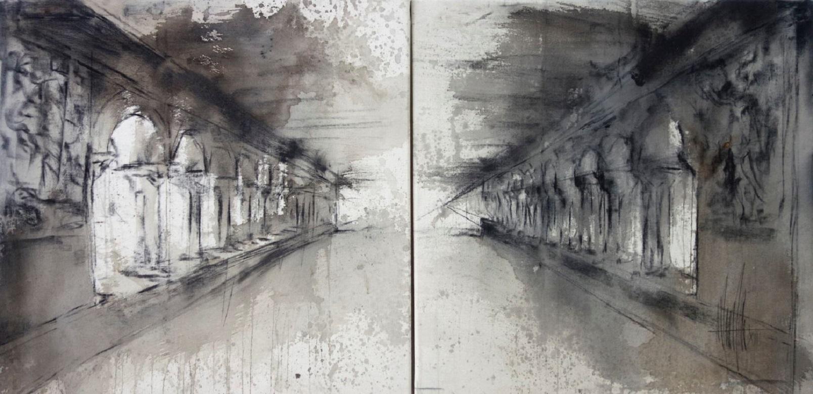 This work from the series Interiors from Marc Prat, a young Spanish artist, is a diptych that can be hung in 2 ways. It creates an enormous depth and it enlarges the space. The work consists of 2 frames of 70 x 70 cm and is made on untreated raw