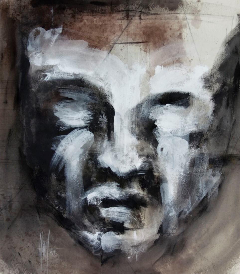 Meditation II is a work from the series Incarnation in which Marc Prat investigates masks and the light in the masks. over the years the masks have become faces and are looking for serenity. 
The work is made on canvas using acrylic and charcoal.