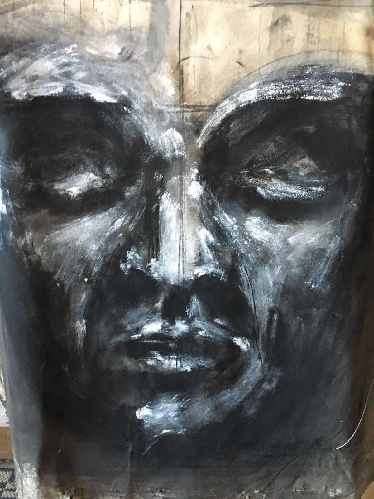 Meditation is a work from the series Incarnation in which Marc Prat investigates masks and the light in the masks. over the years the masks have become faces and are looking for serenity. 
The work is made on canvas using acrylic and charcoal. The