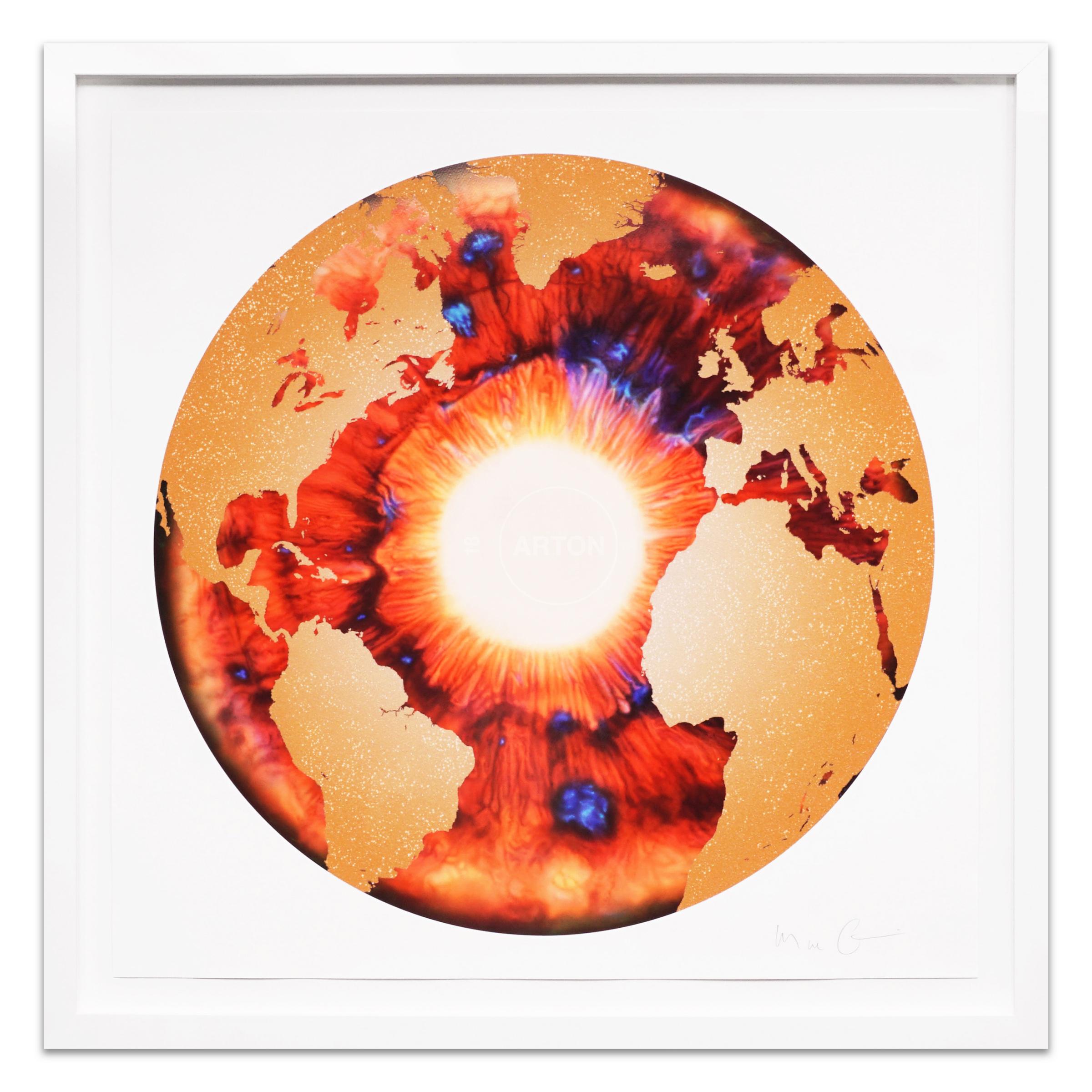 The glittering 
Iris
 is a brilliantly saturated red and gold silkscreen print on paper with diamond dust created in 2020 by contemporary artist Marc Quinn. The shimmering piece features a rich warm color palette with burnt oranges, deep reds,