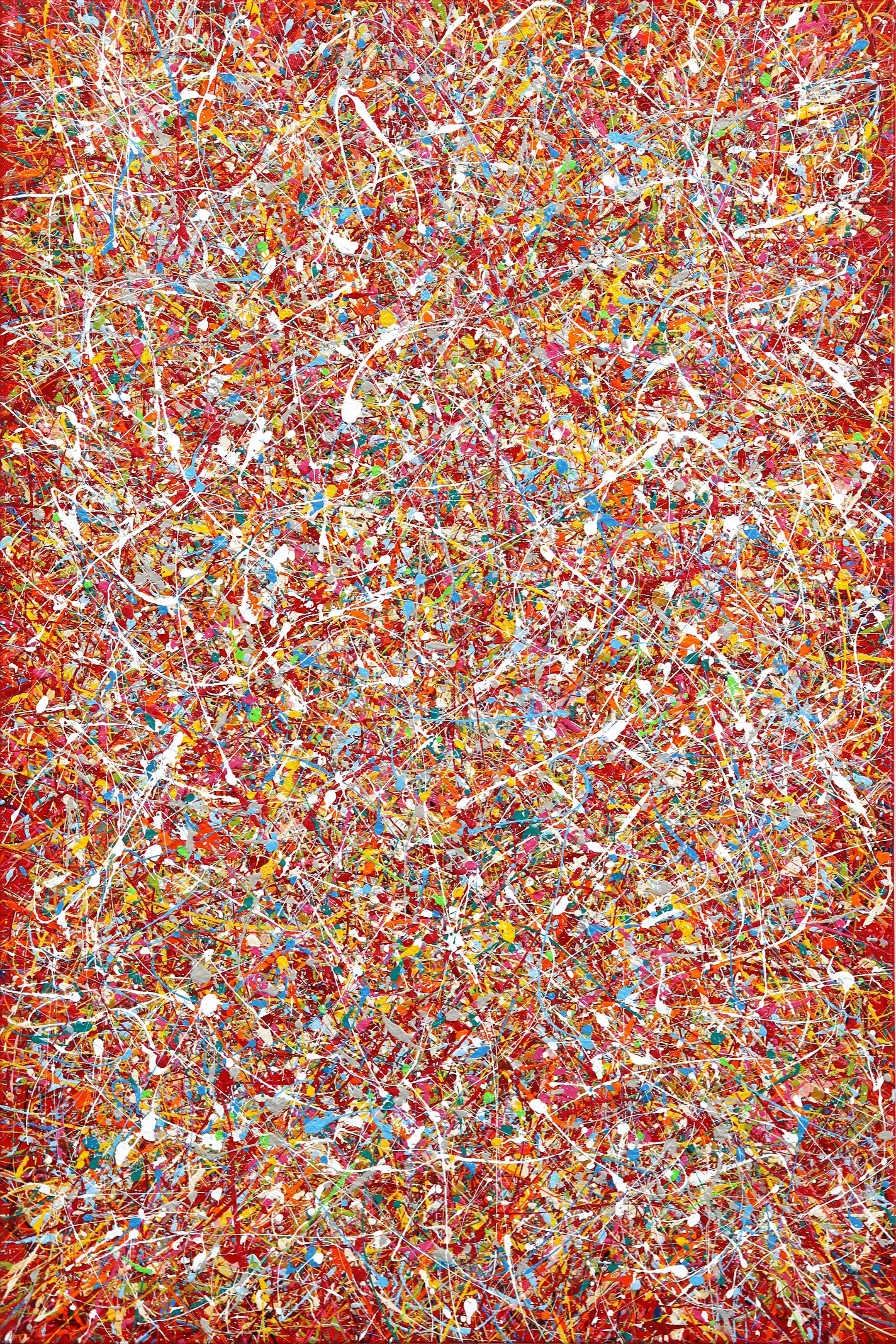 Fiesta (Red) - Abstract Colorful Red Expressionist Textural Drip Painting