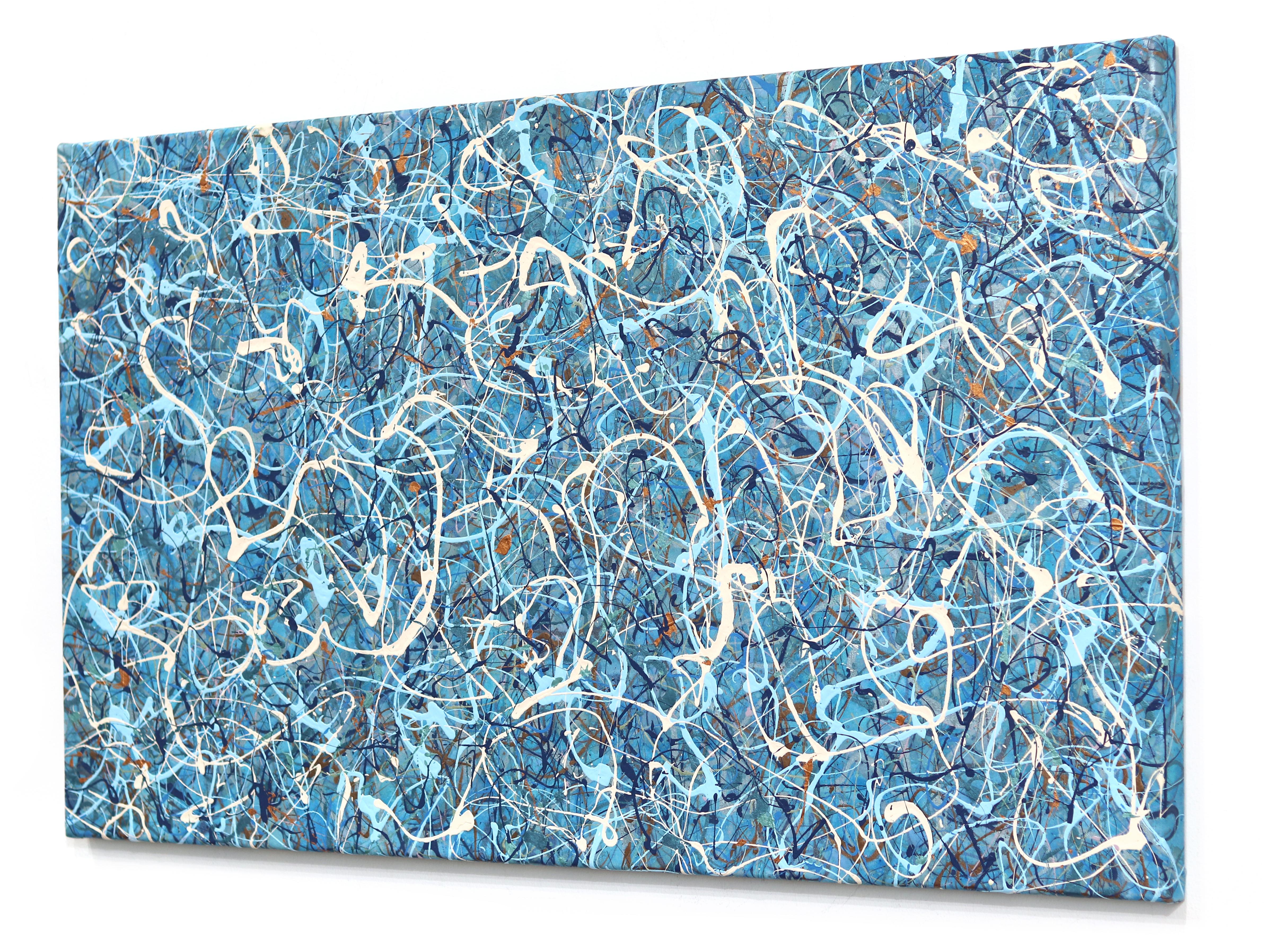 Kind of Copper - Grande pittura astratta a goccia blu, energica e testuale in vendita 1