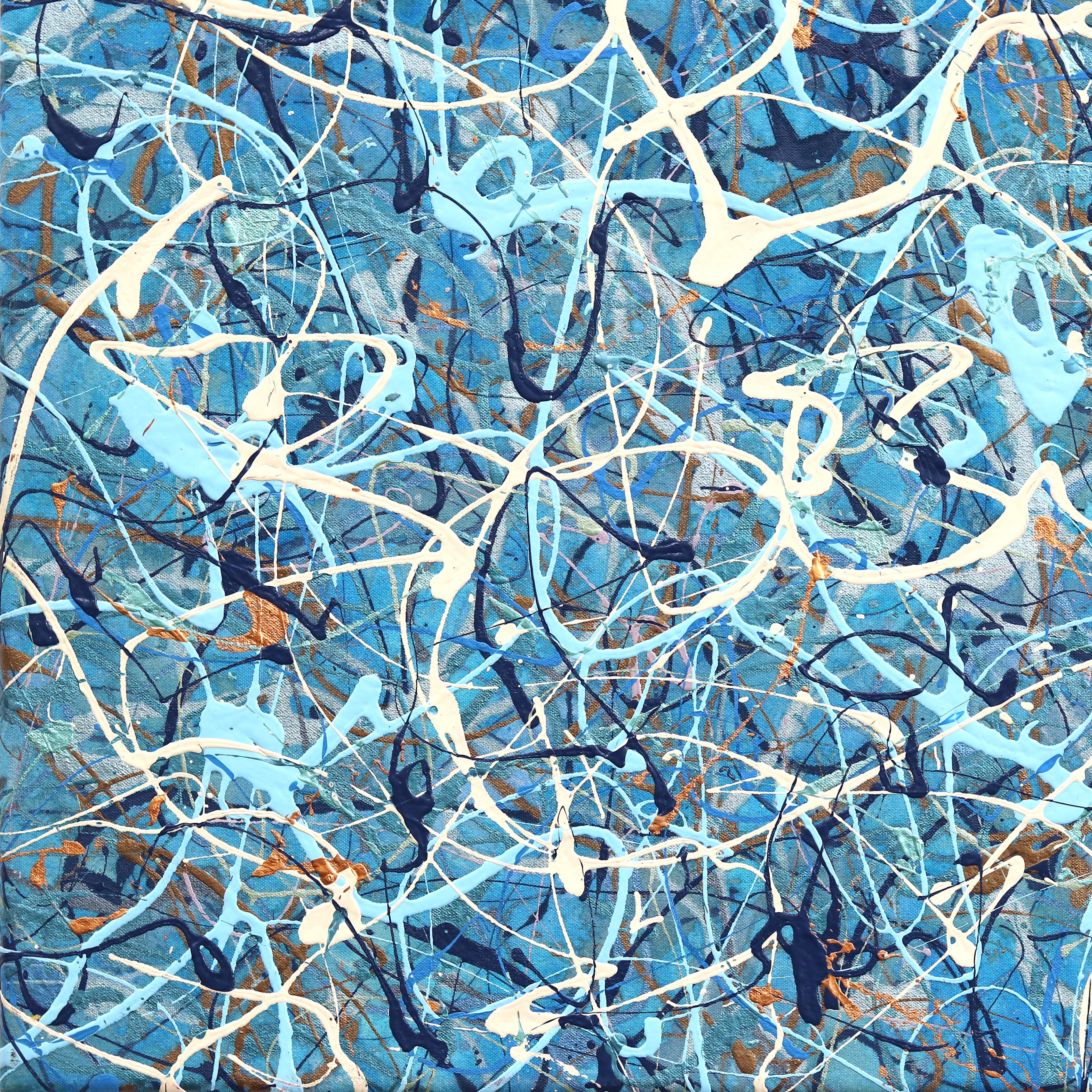 Kind of Copper - Grande pittura astratta a goccia blu, energica e testuale in vendita 2