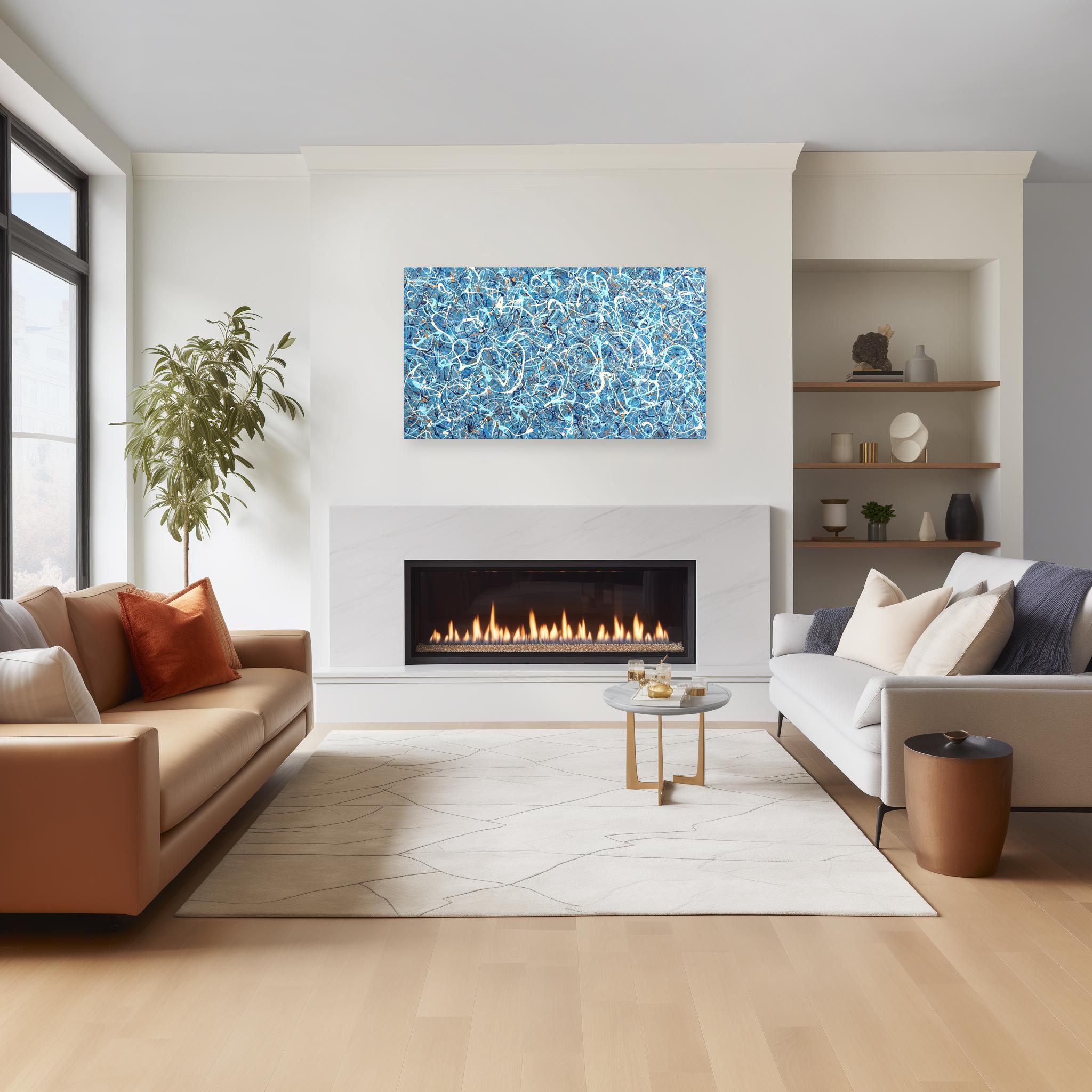 Kind of Copper - Grande pittura astratta a goccia blu, energica e testuale in vendita 3