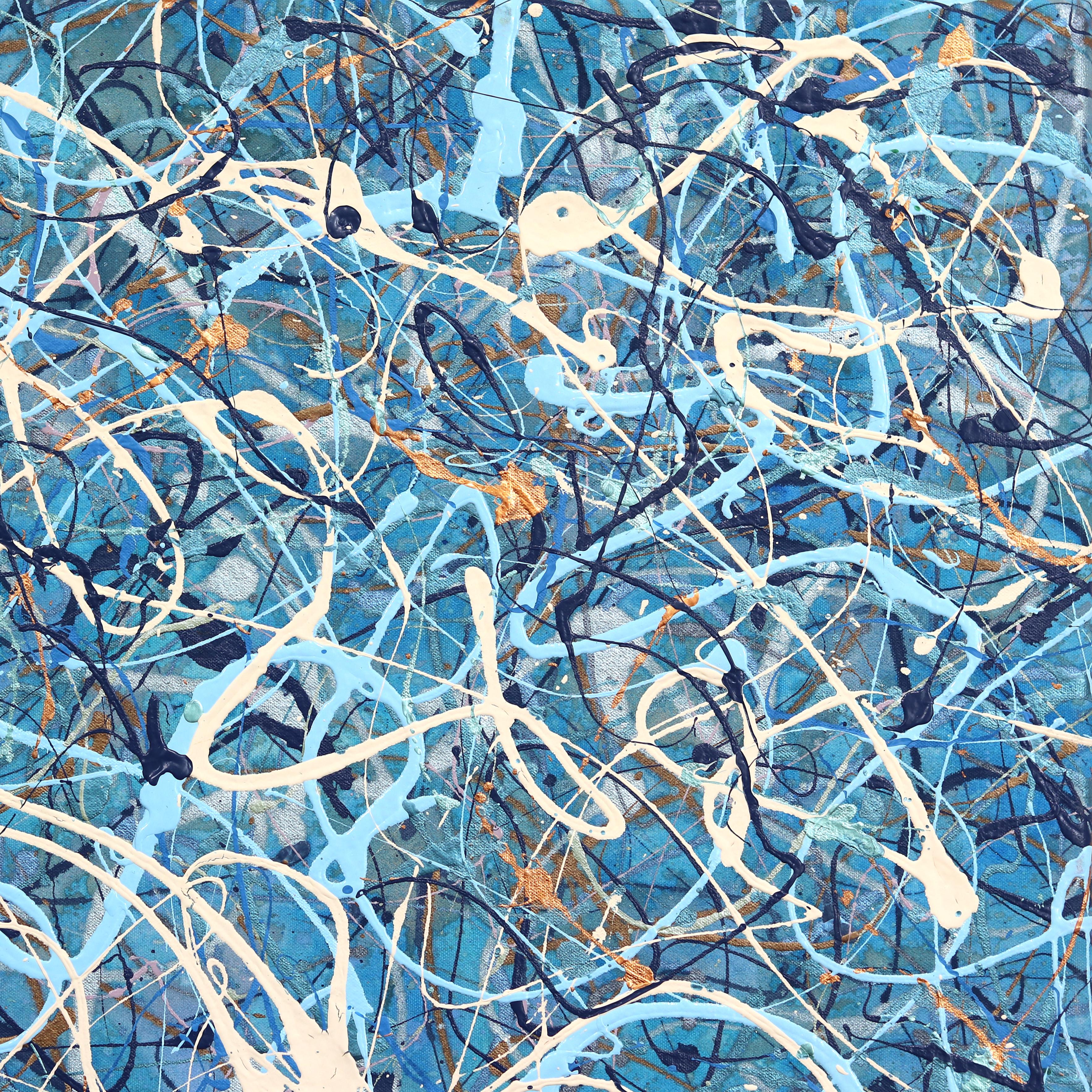 Kind of Copper - Grande pittura astratta a goccia blu, energica e testuale in vendita 4