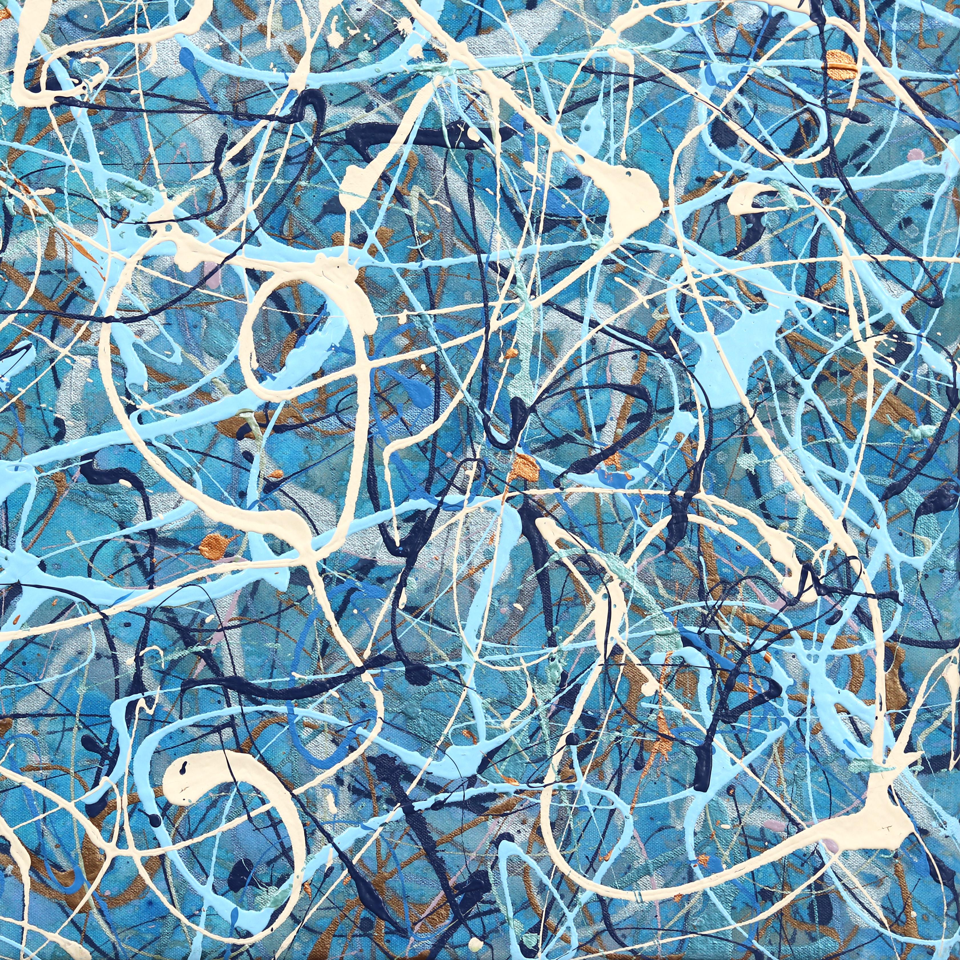 Kind of Copper - Grande pittura astratta a goccia blu, energica e testuale in vendita 5