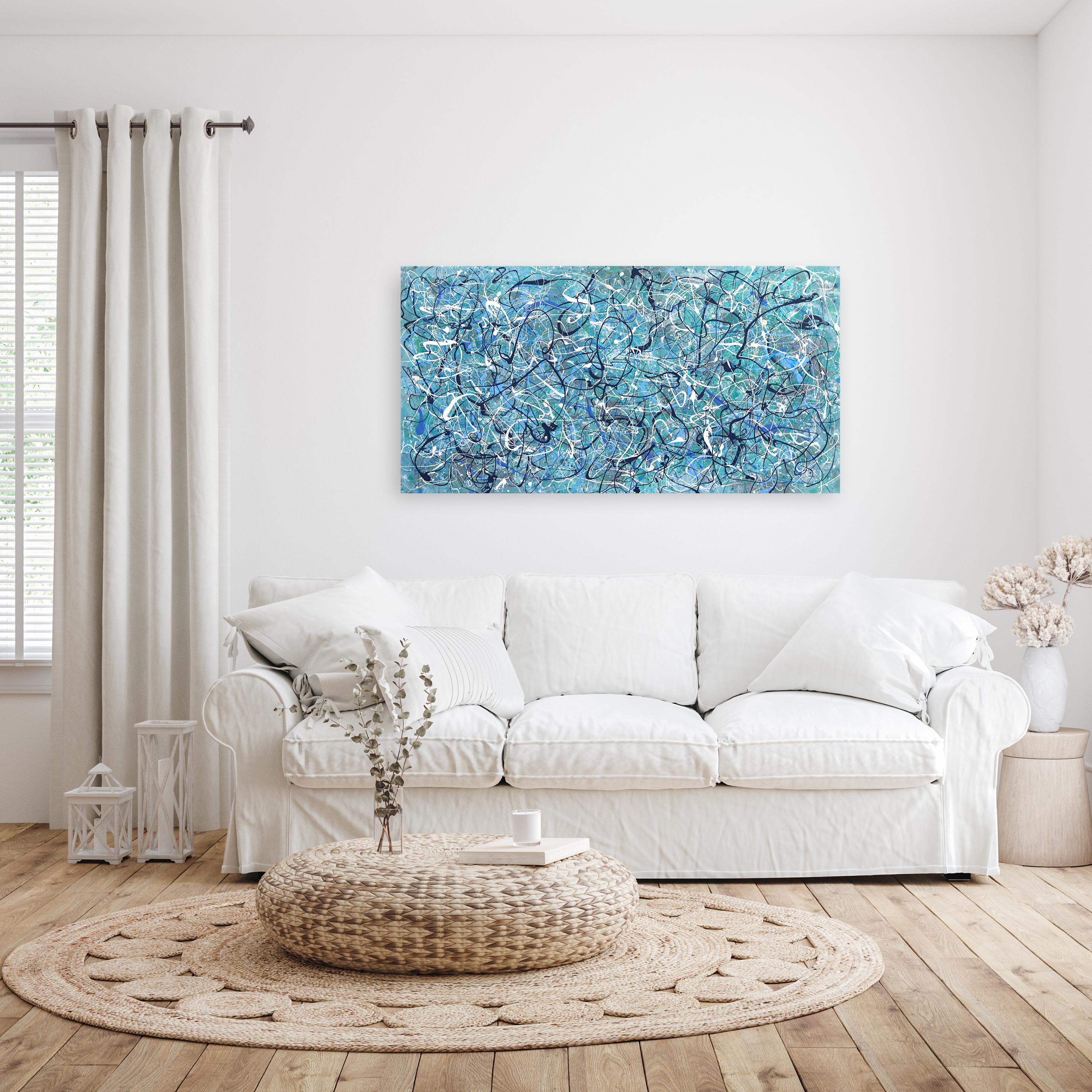 Rhythm in Blue - Unique Abstract Expressionist Original Painting on Canvas For Sale 4