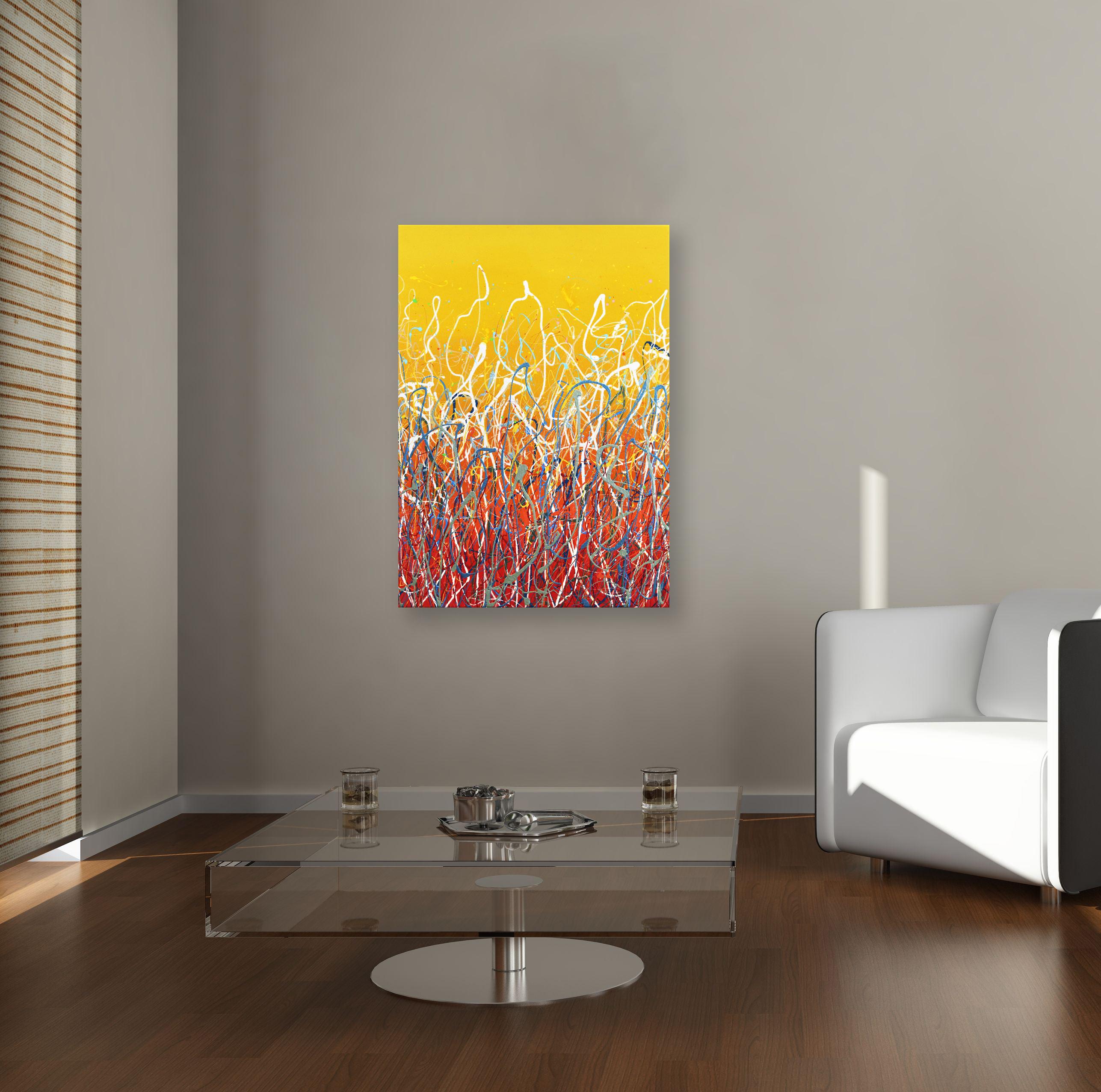 Time To Celebrate - Abstract Expressionist Vibrant Yellow Red Textural Painting For Sale 3