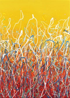 Time To Celebrate - Pintura Expresionista Abstracta de Textura Rojo Amarillo Vibrante