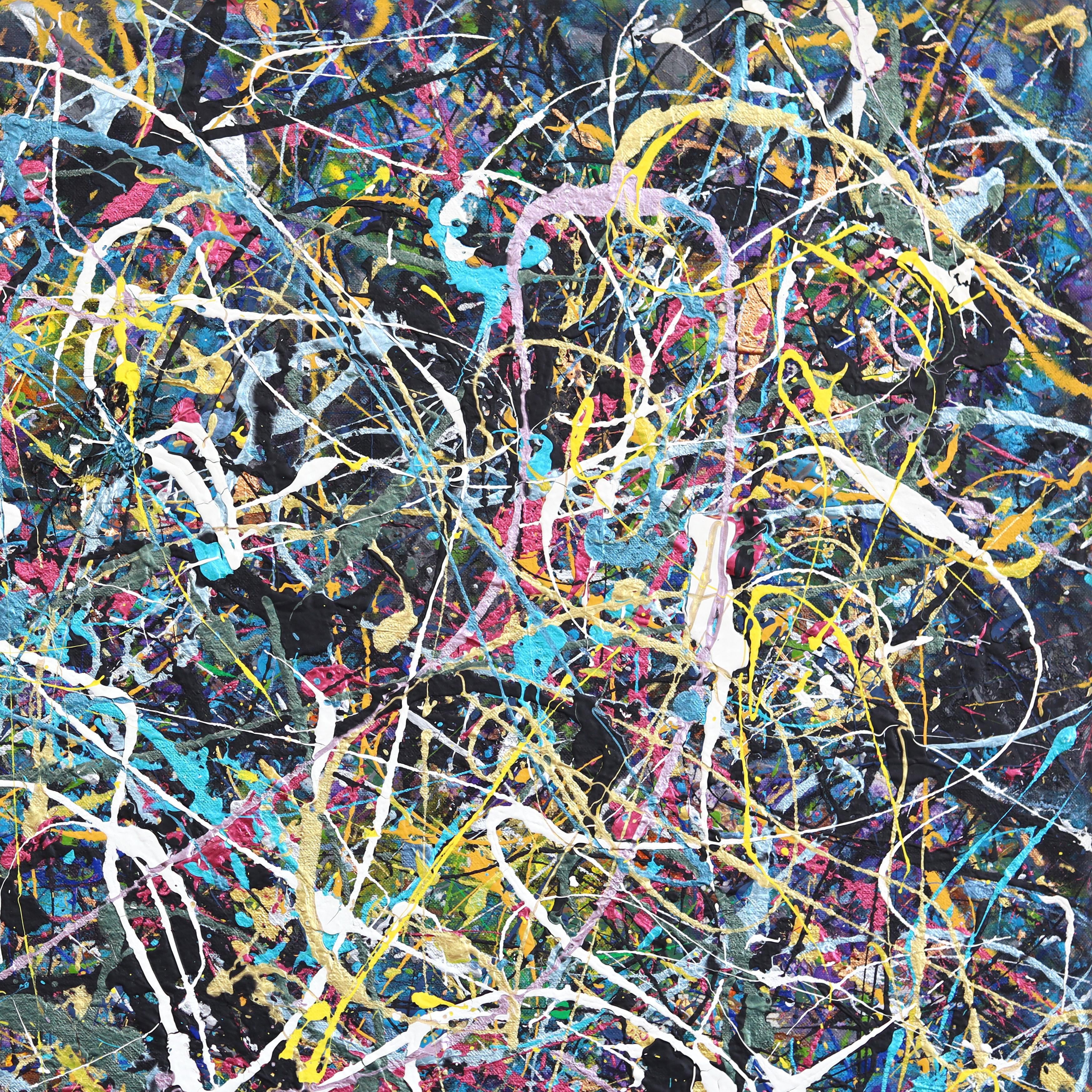 White Noise - Colorful Energetic Abstract Expressive Textural Drip Painting For Sale 4
