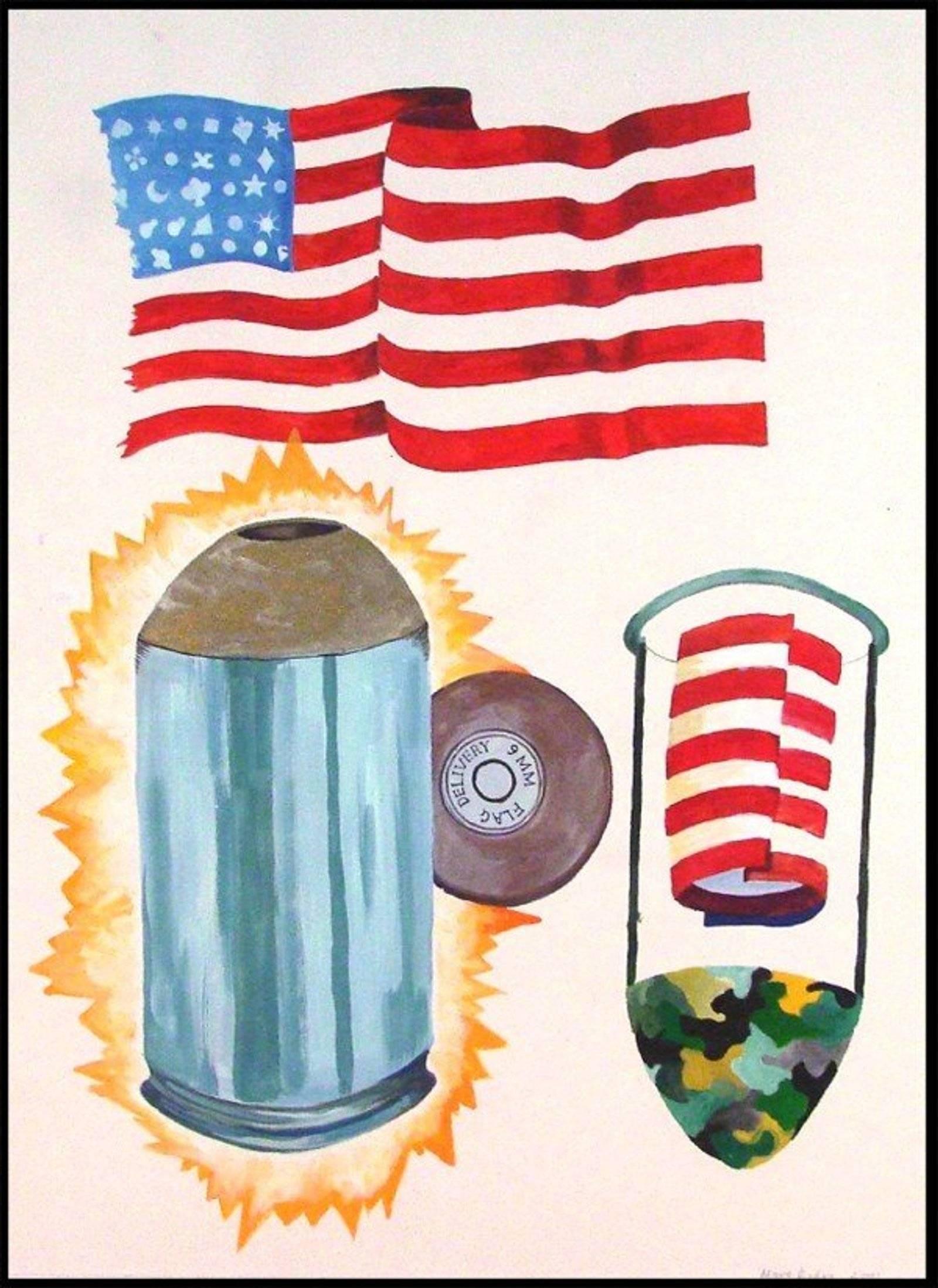 Marc Roder Still-Life Painting - DELIVERY, NINE MILLIMETER FLAG, 2001 Gouache Painting