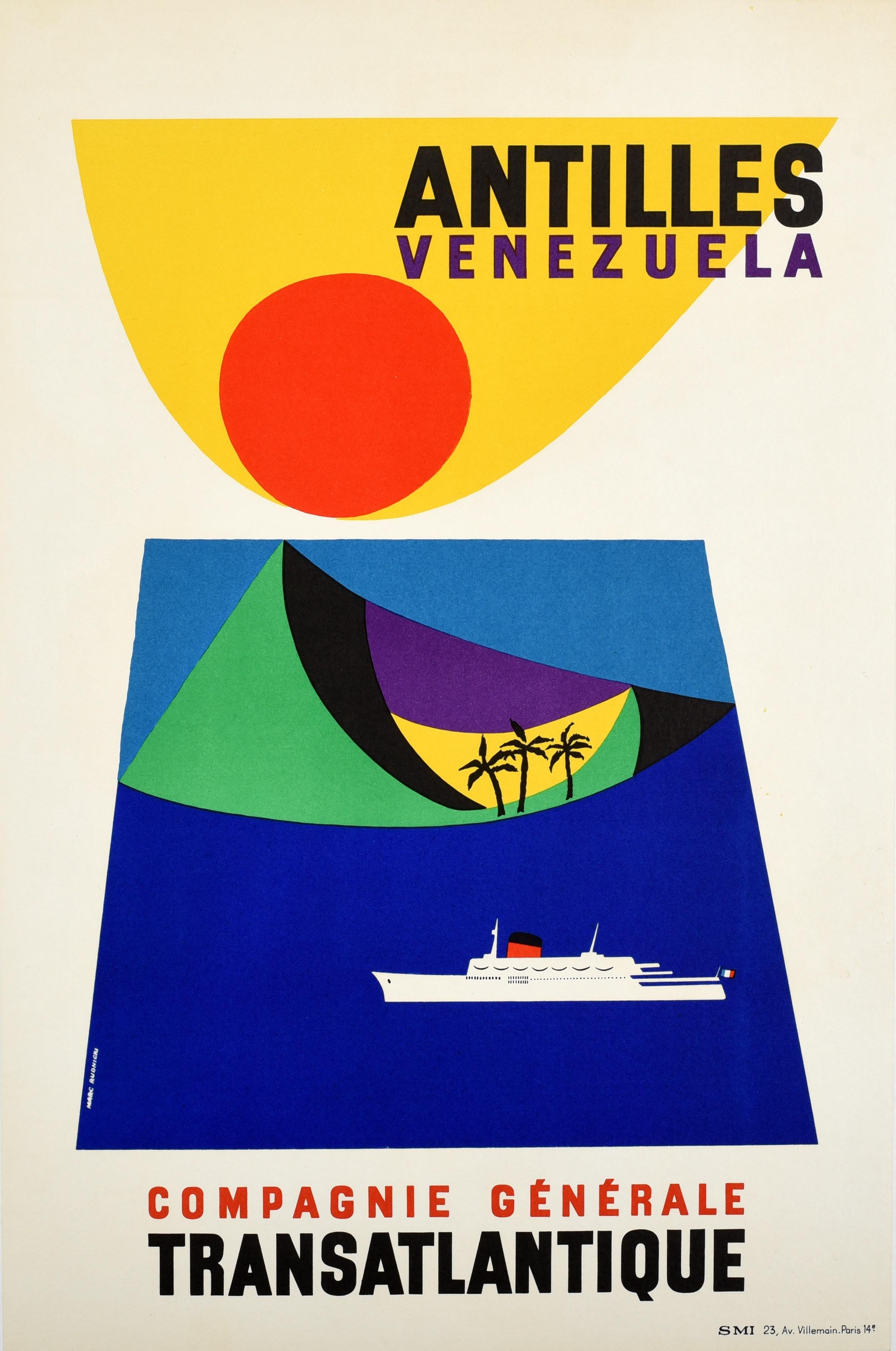 Marc Rudnicki Print - Original Vintage Cruise Travel Poster Antilles Venezuela CGT Midcentury Design