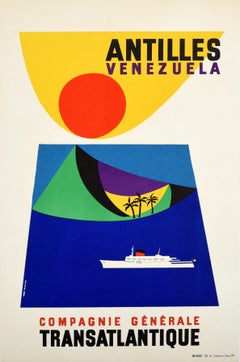 Original Vintage Cruise Travel Poster Antilles Venezuela CGT Midcentury Design