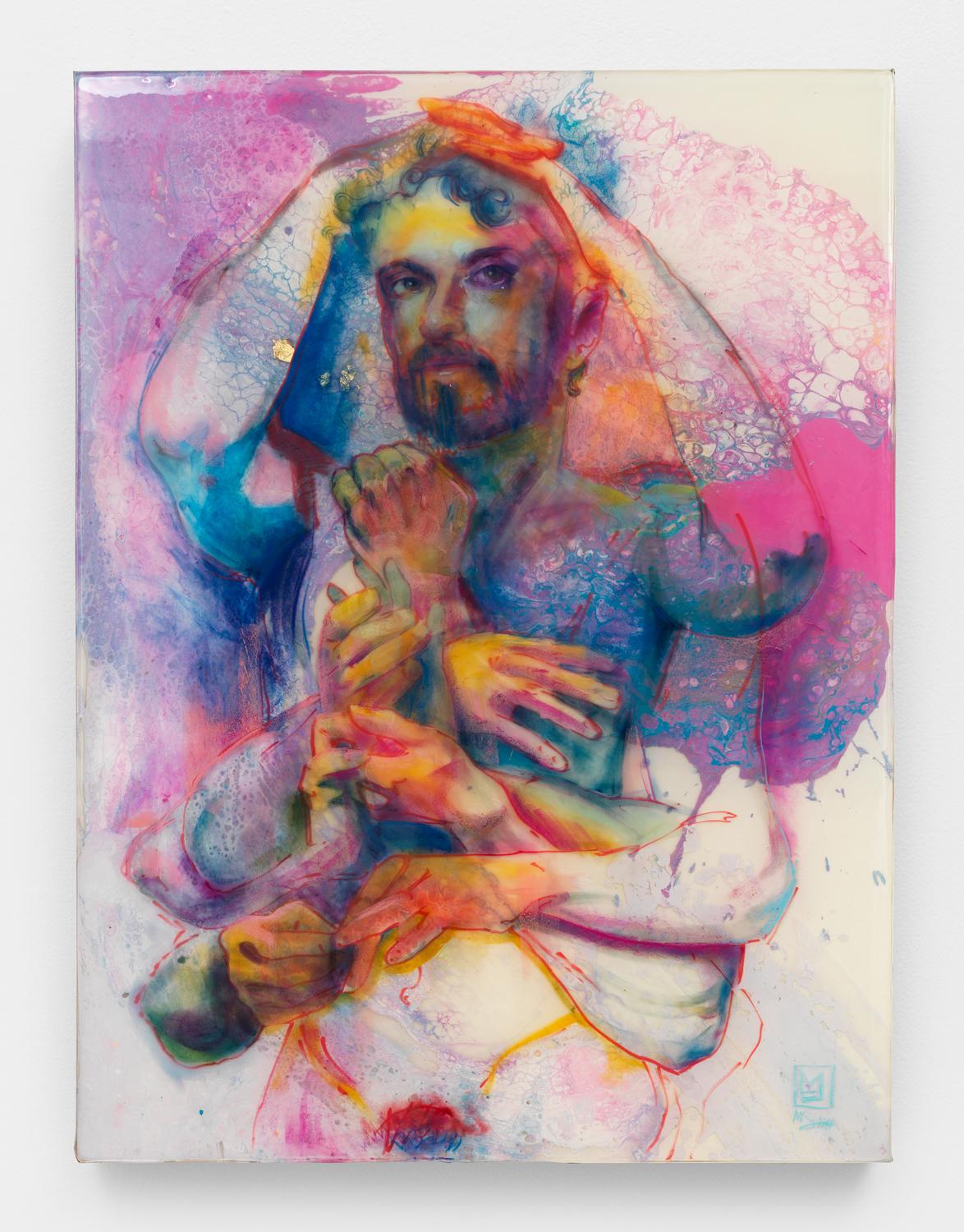 Marc Scheff Figurative Painting - Masculinity, Mixed media layered resin painting