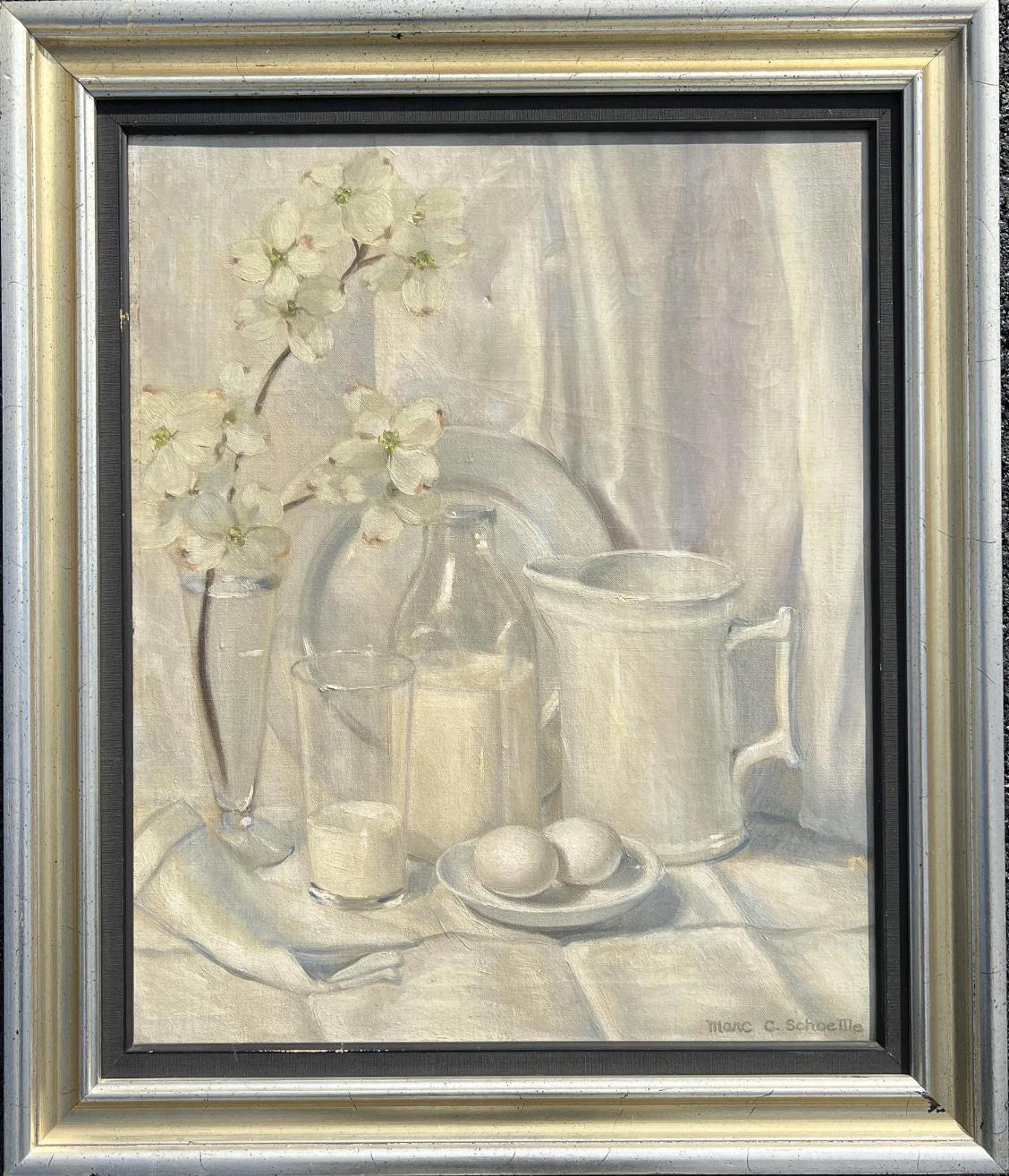 Marc Schoettle Still-Life Painting - "Still Life in Whites" Mid Century Oil Painting
