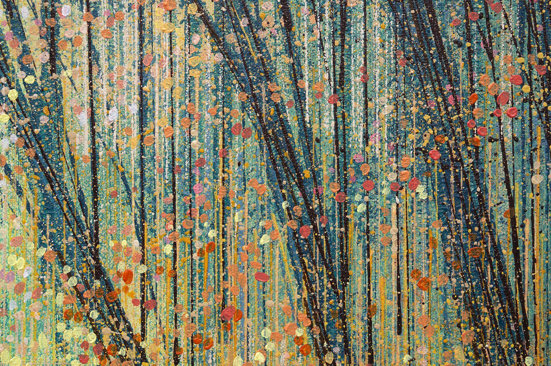 An image of autumn trees, painted in a mix of contemporary seasonal colours, and created in my signature style, which utilises a range of textures, tools and painting implements to create a unique visual effect.    This painting has been created on,